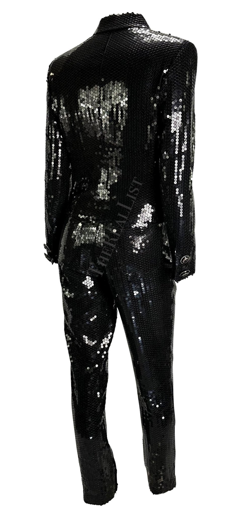 F/W 1995 Gianni Versace Couture Black Sequin Medusa Button Pantsuit - RealList