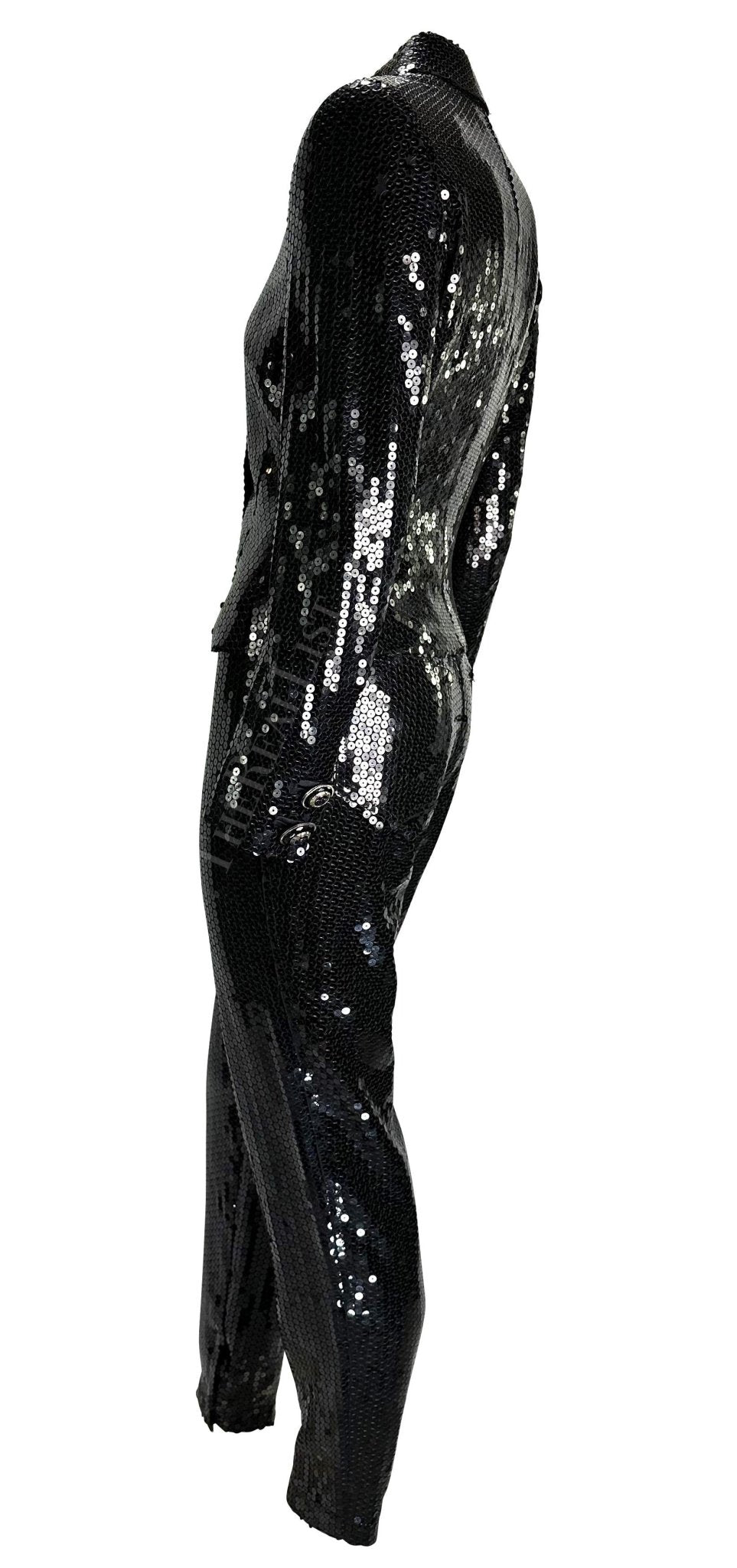 F/W 1995 Gianni Versace Couture Black Sequin Medusa Button Pantsuit - RealList