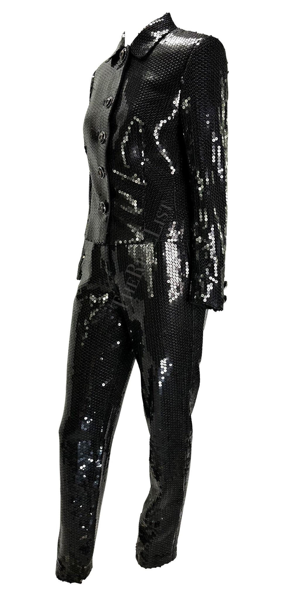 F/W 1995 Gianni Versace Couture Black Sequin Medusa Button Pantsuit - RealList