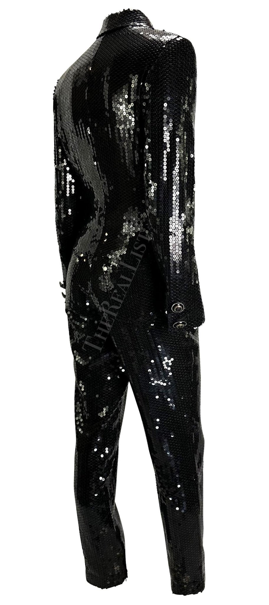 F/W 1995 Gianni Versace Couture Black Sequin Medusa Button Pantsuit - RealList