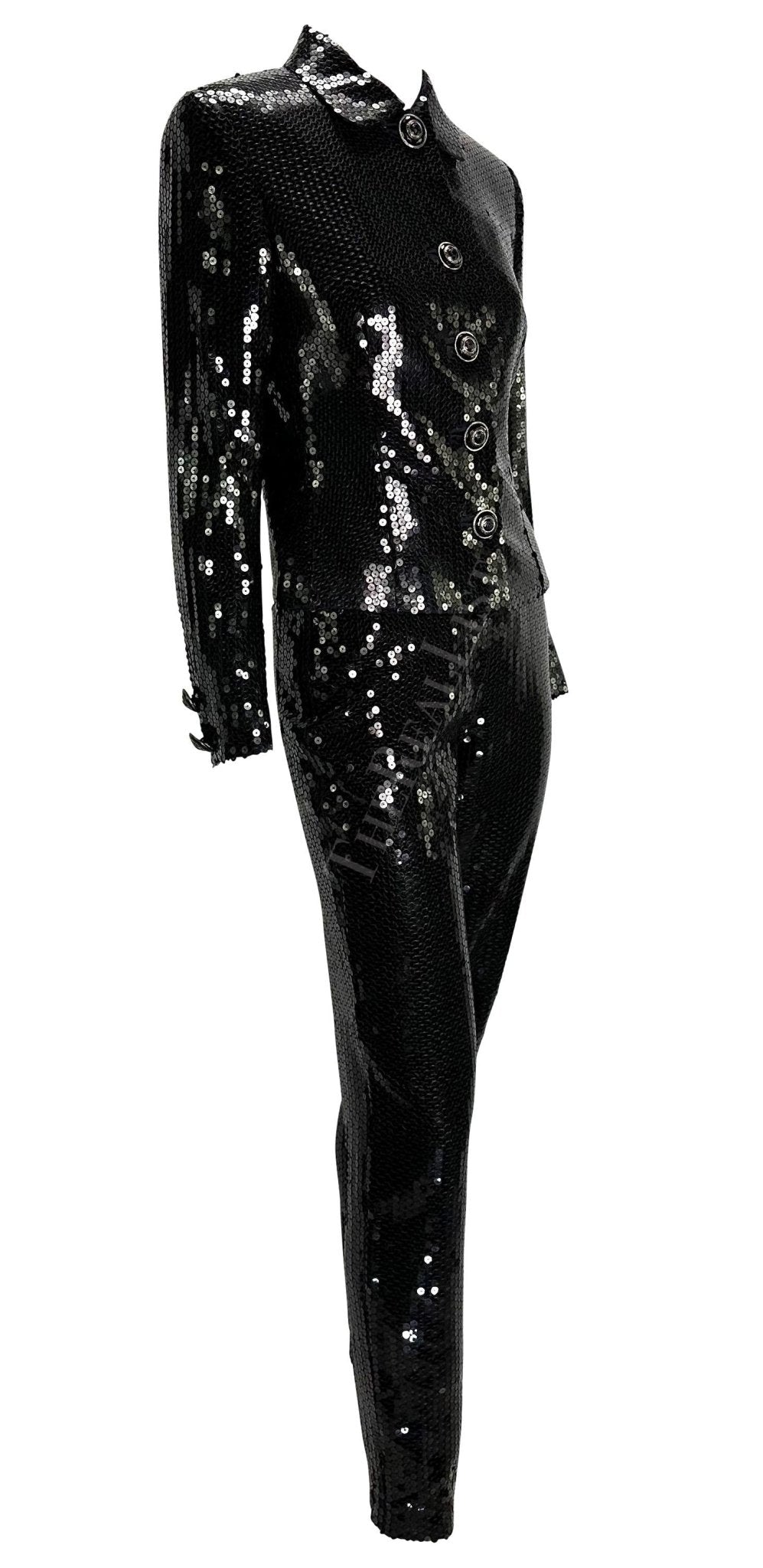 F/W 1995 Gianni Versace Couture Black Sequin Medusa Button Pantsuit - RealList