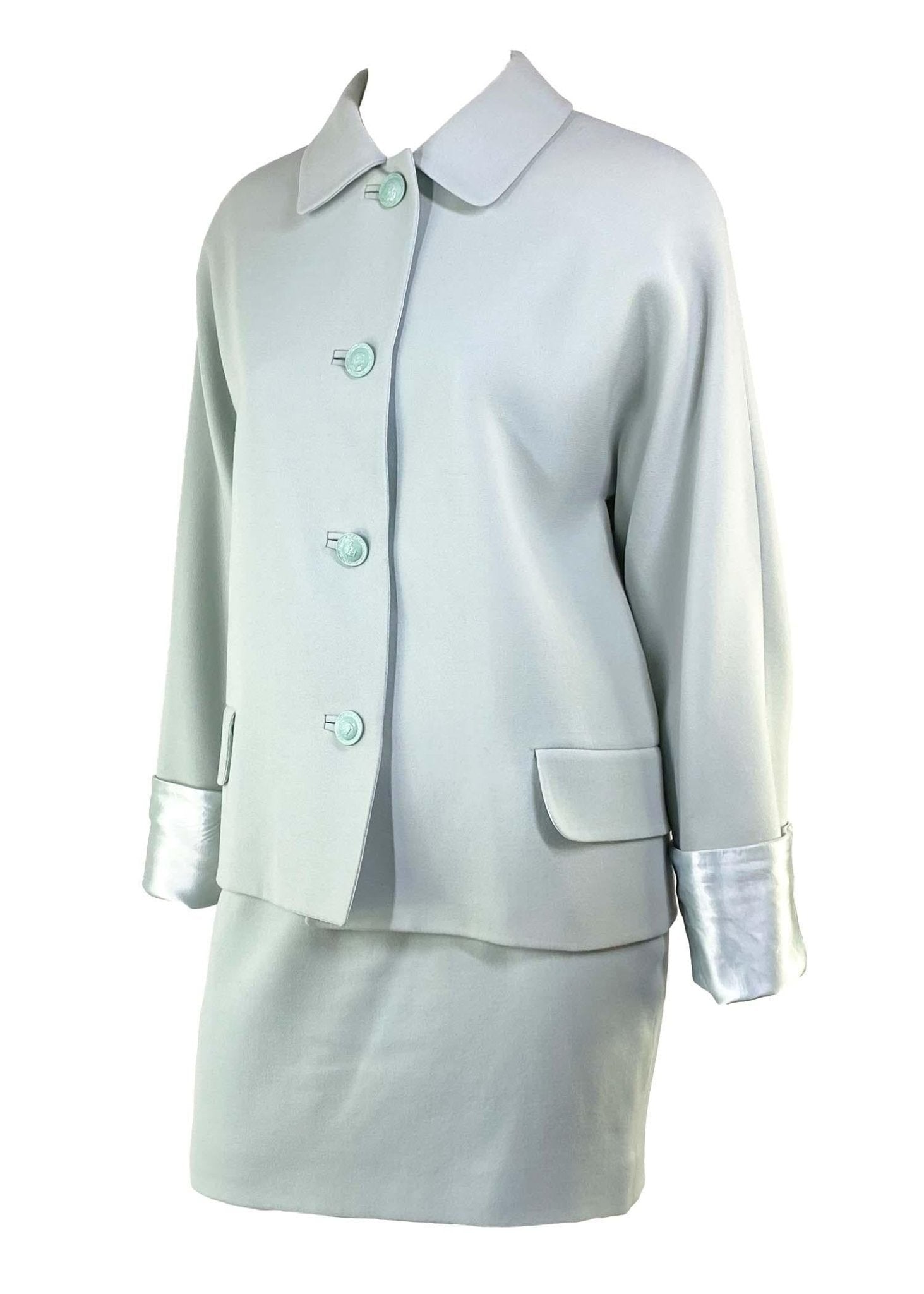 F/W 1995 Gianni Versace Couture Runway Medusa Light Blue Wool Satin Skirt Suit - RealList