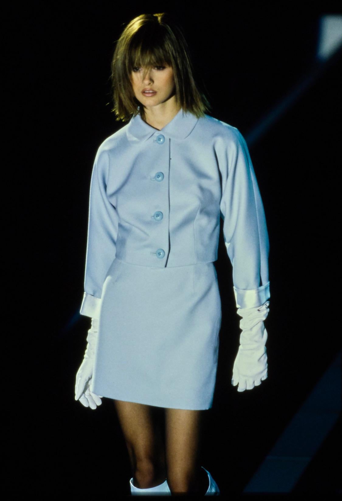 F/W 1995 Gianni Versace Couture Runway Medusa Light Blue Wool Satin Skirt Suit - RealList