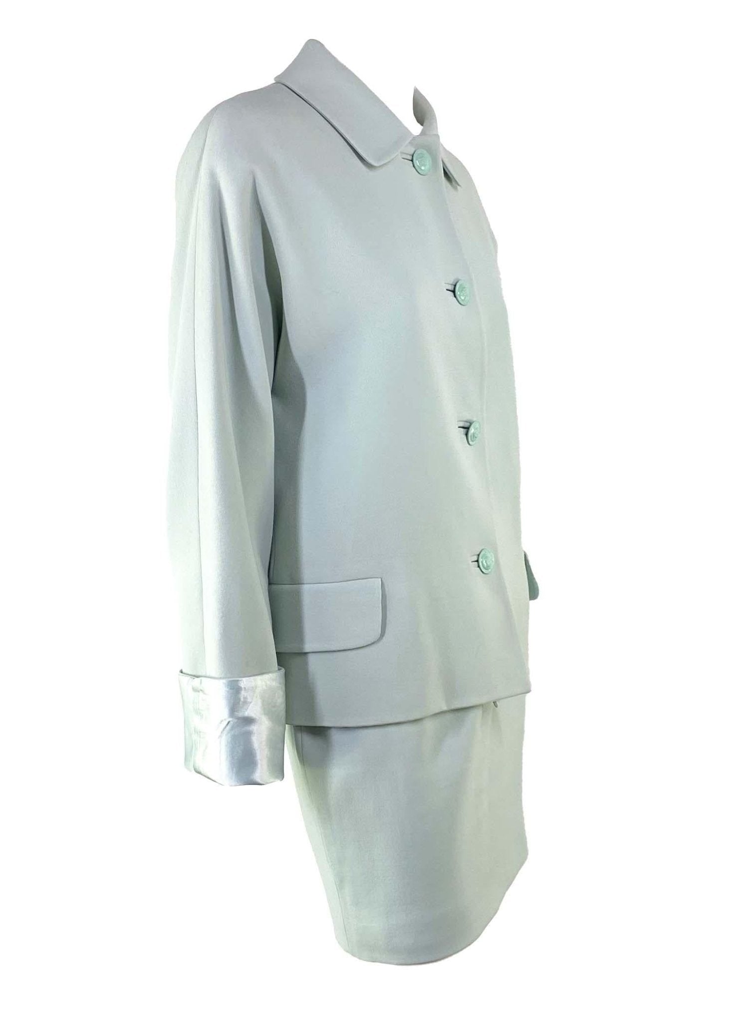F/W 1995 Gianni Versace Couture Runway Medusa Light Blue Wool Satin Skirt Suit - RealList