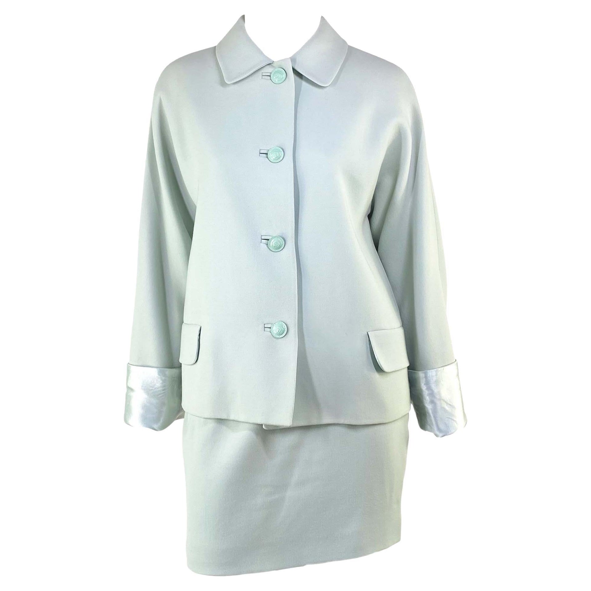 F/W 1995 Gianni Versace Couture Runway Medusa Light Blue Wool Satin Skirt Suit - RealList