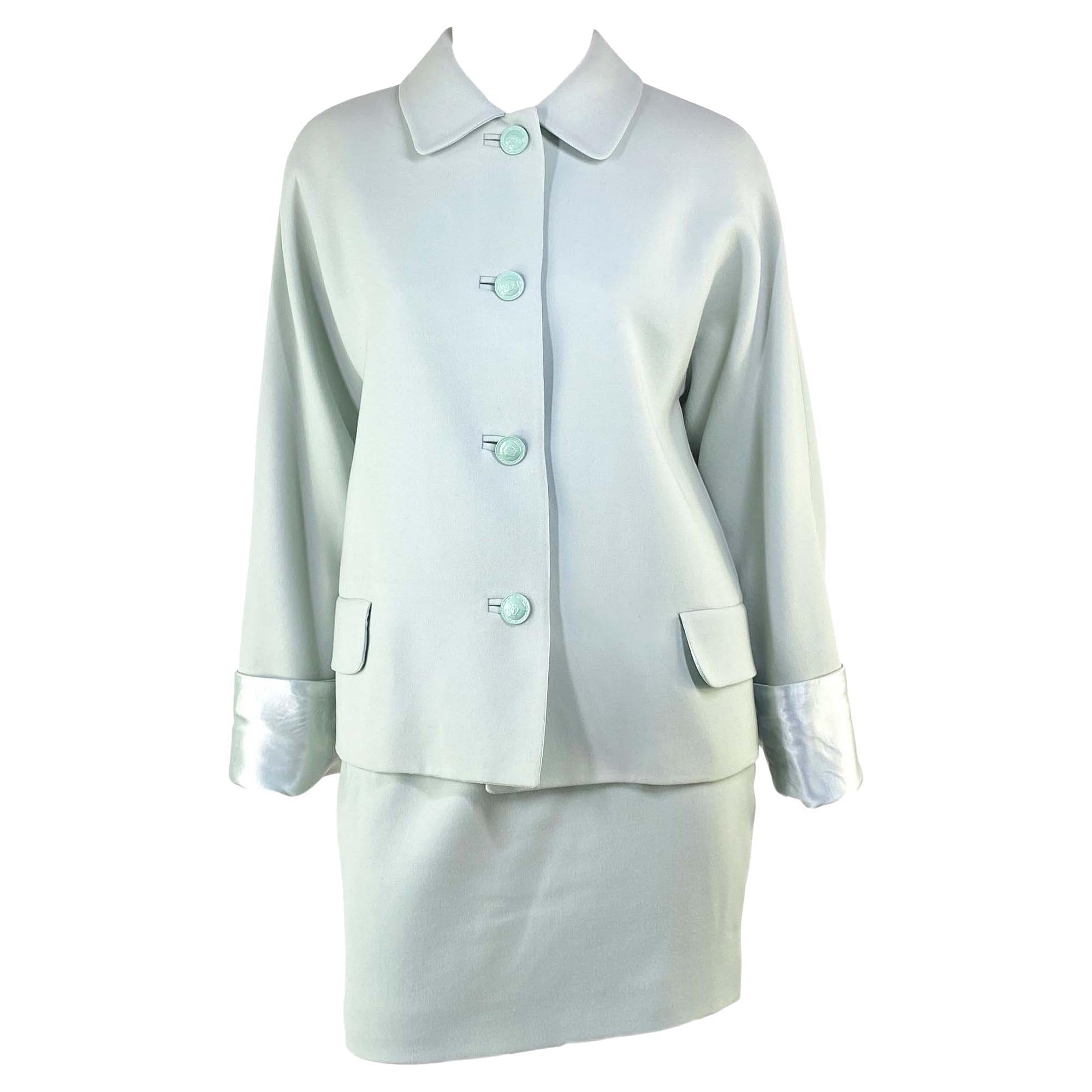 F/W 1995 Gianni Versace Couture Runway Medusa Light Blue Wool Satin Skirt Suit - RealList