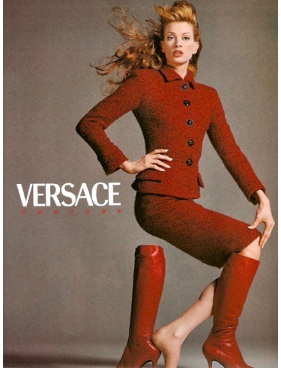 F/W 1995 Gianni Versace Couture Runway Red Bouclé Tweed Skirt Suit Documented - RealList