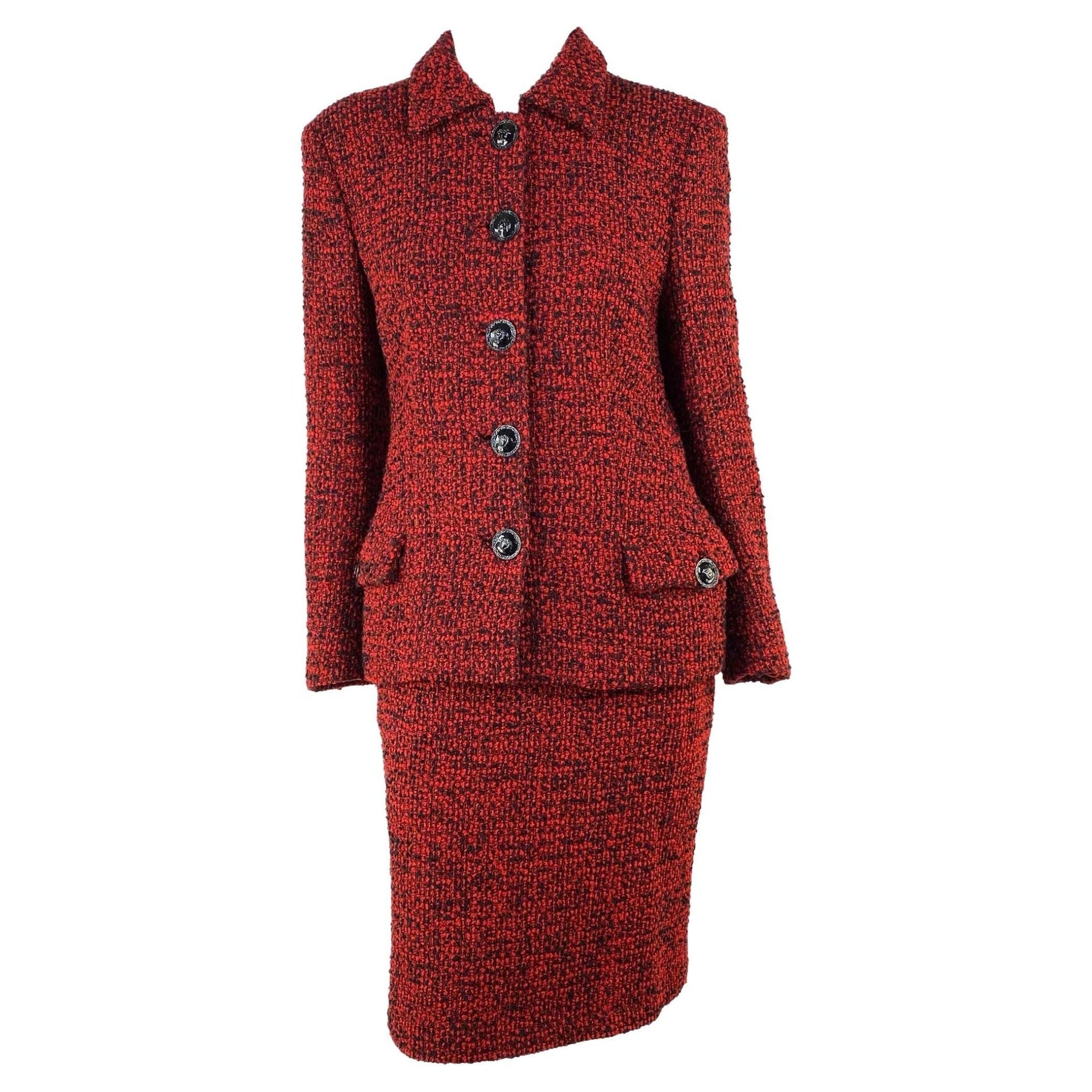 F/W 1995 Gianni Versace Couture Runway Red Bouclé Tweed Skirt Suit Documented - RealList
