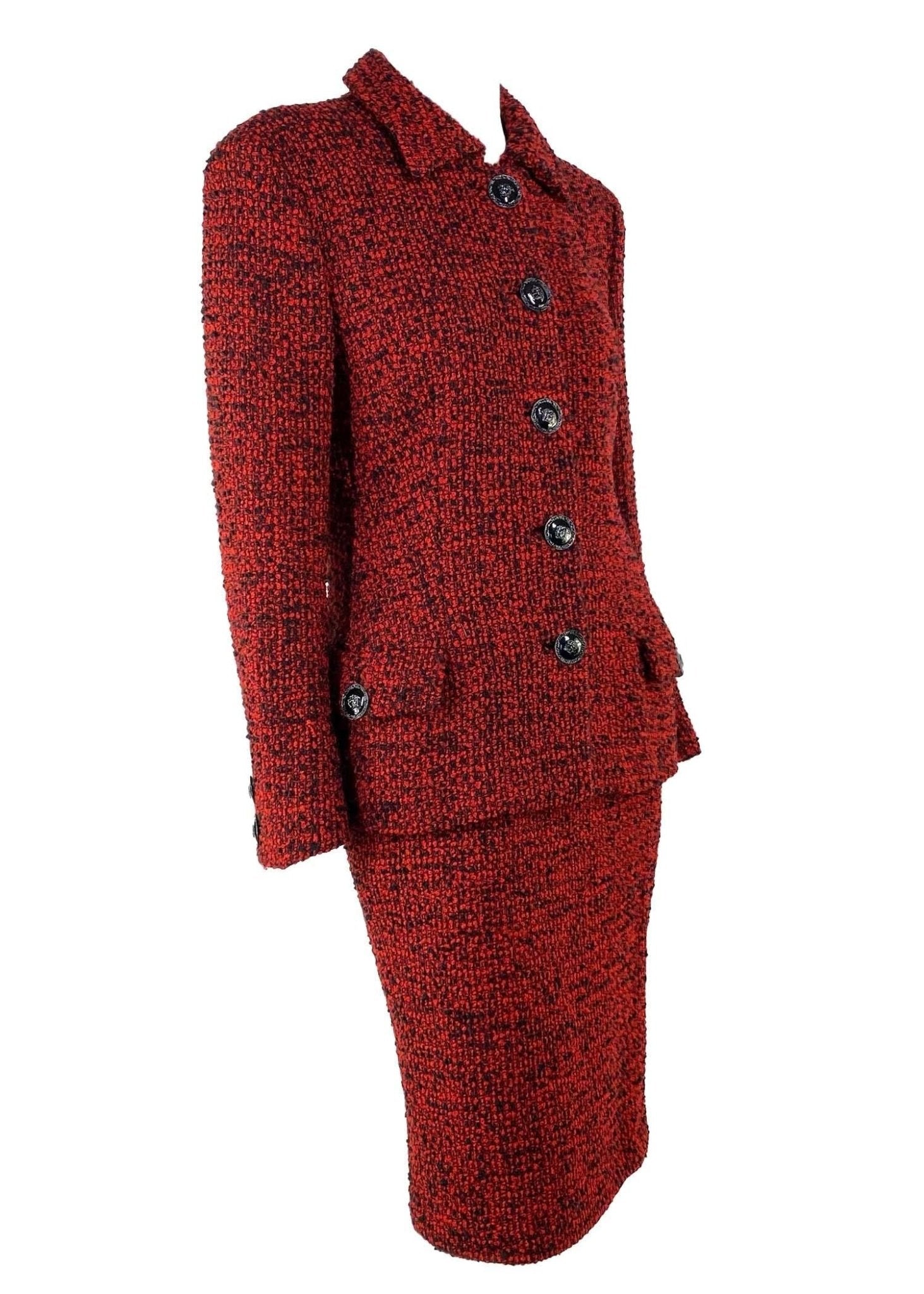 F/W 1995 Gianni Versace Couture Runway Red Bouclé Tweed Skirt Suit Documented - RealList