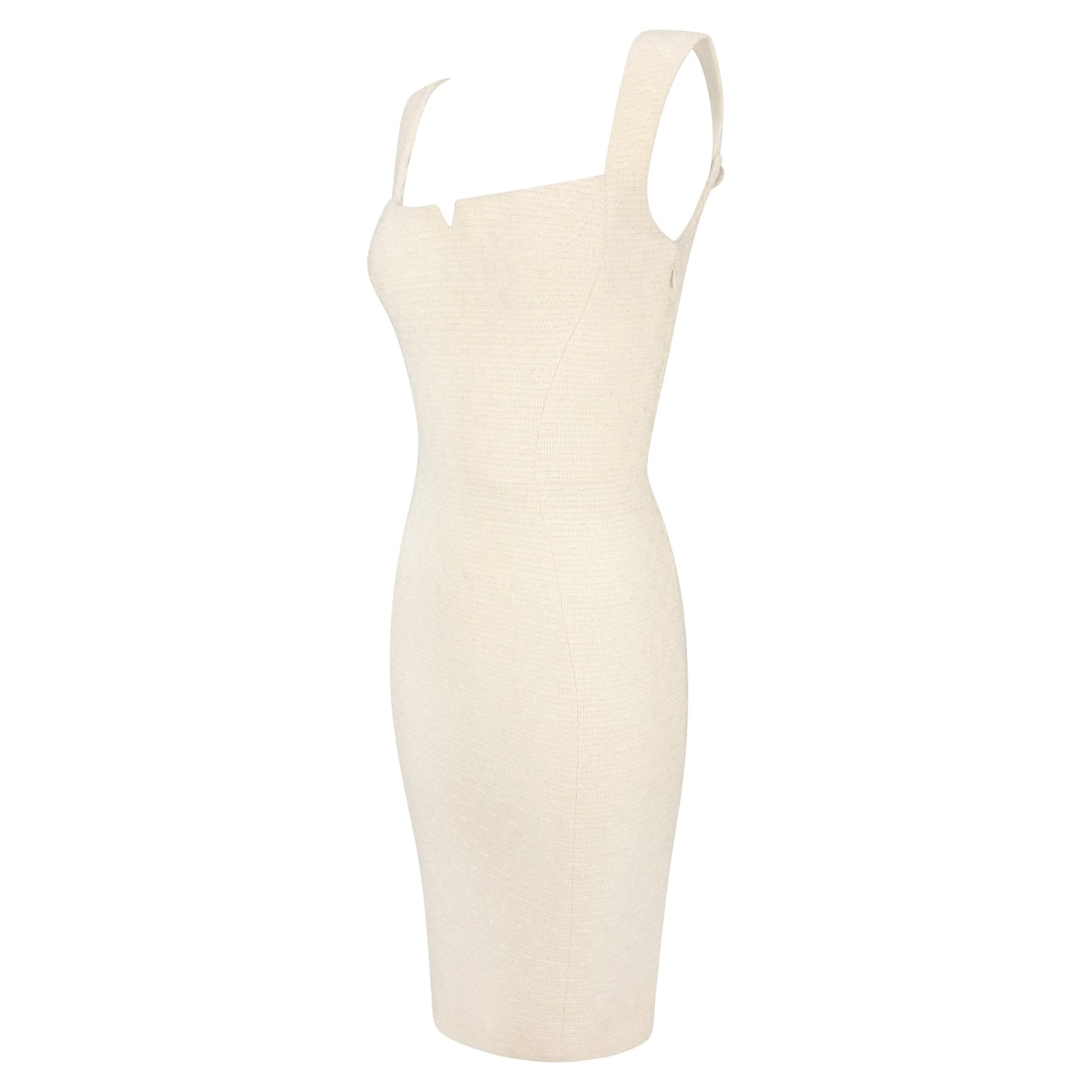 F/W 1995 Gianni Versace Shimmery Off-White Tweed Medusa Button Cocktail Dress - RealList