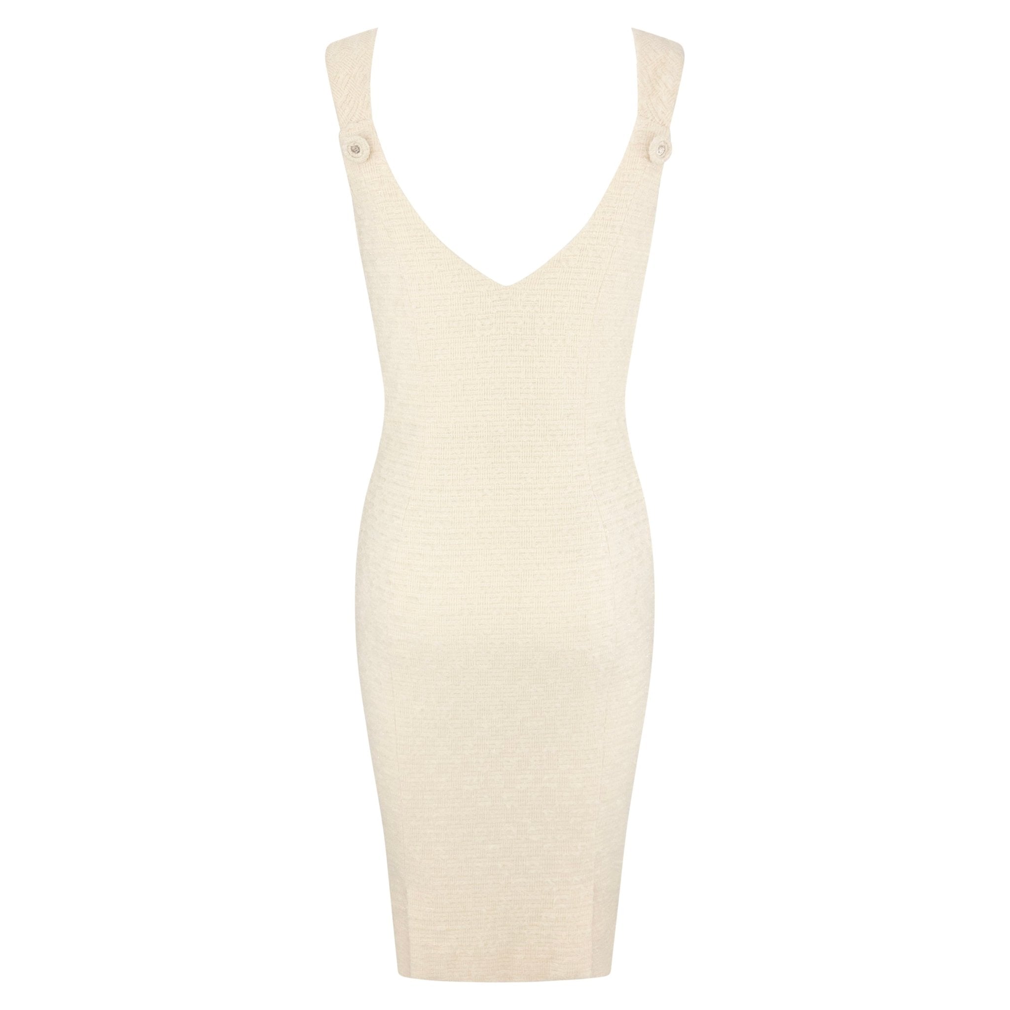F/W 1995 Gianni Versace Shimmery Off-White Tweed Medusa Button Cocktail Dress - RealList