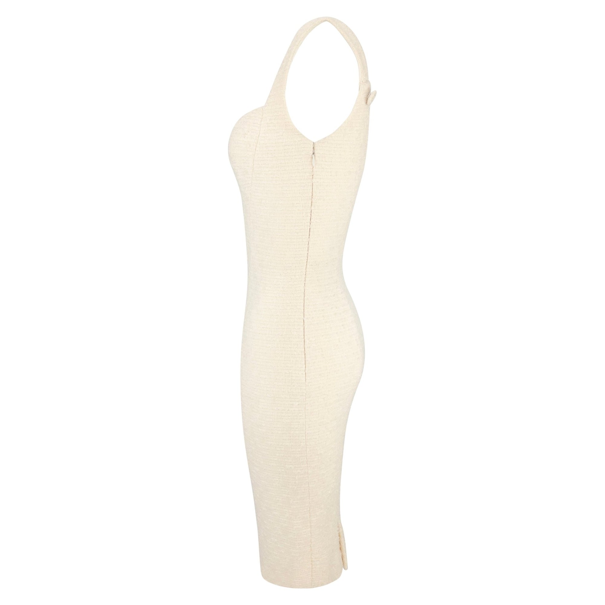 F/W 1995 Gianni Versace Shimmery Off-White Tweed Medusa Button Cocktail Dress - RealList