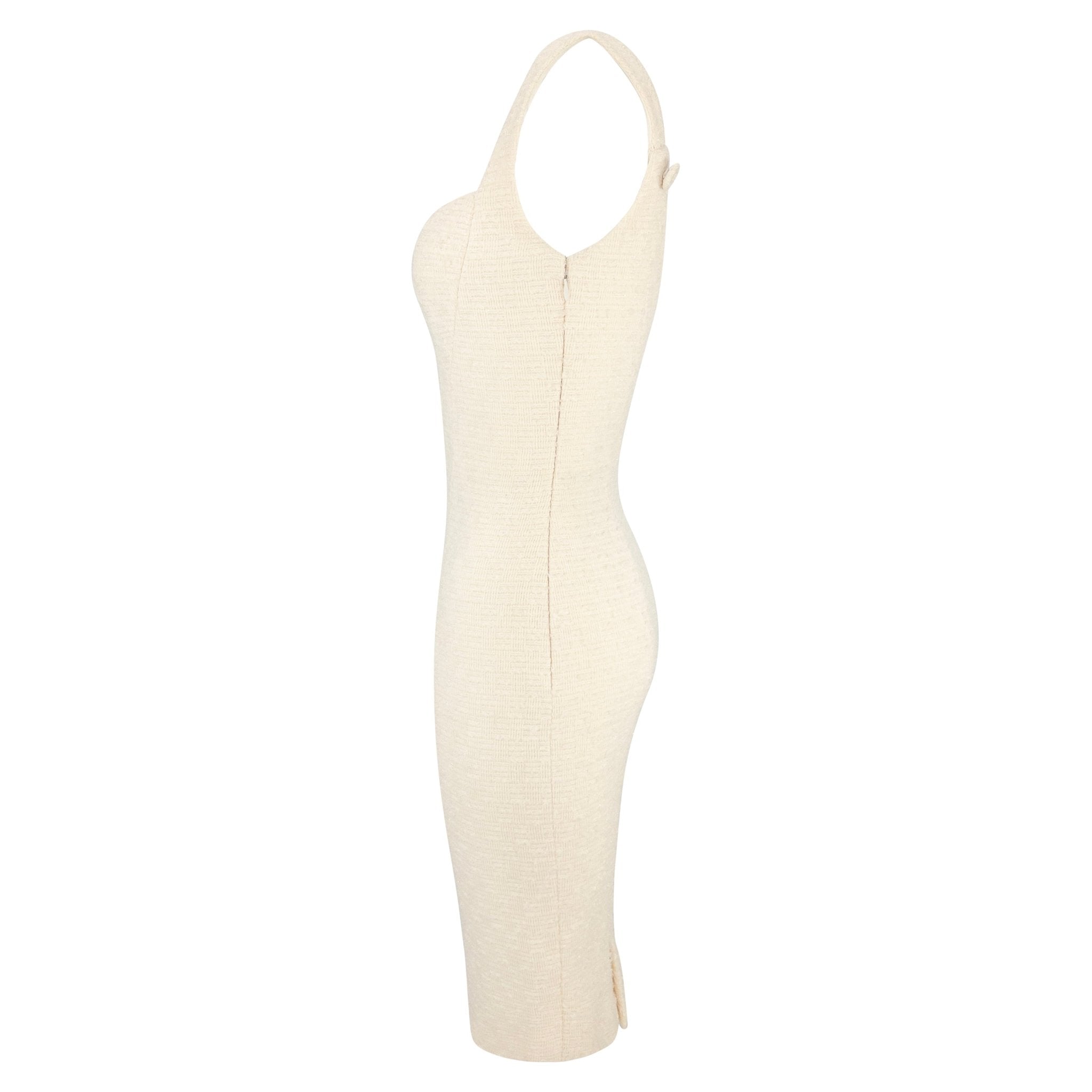 F/W 1995 Gianni Versace Shimmery Off-White Tweed Medusa Button Cocktail Dress - RealList