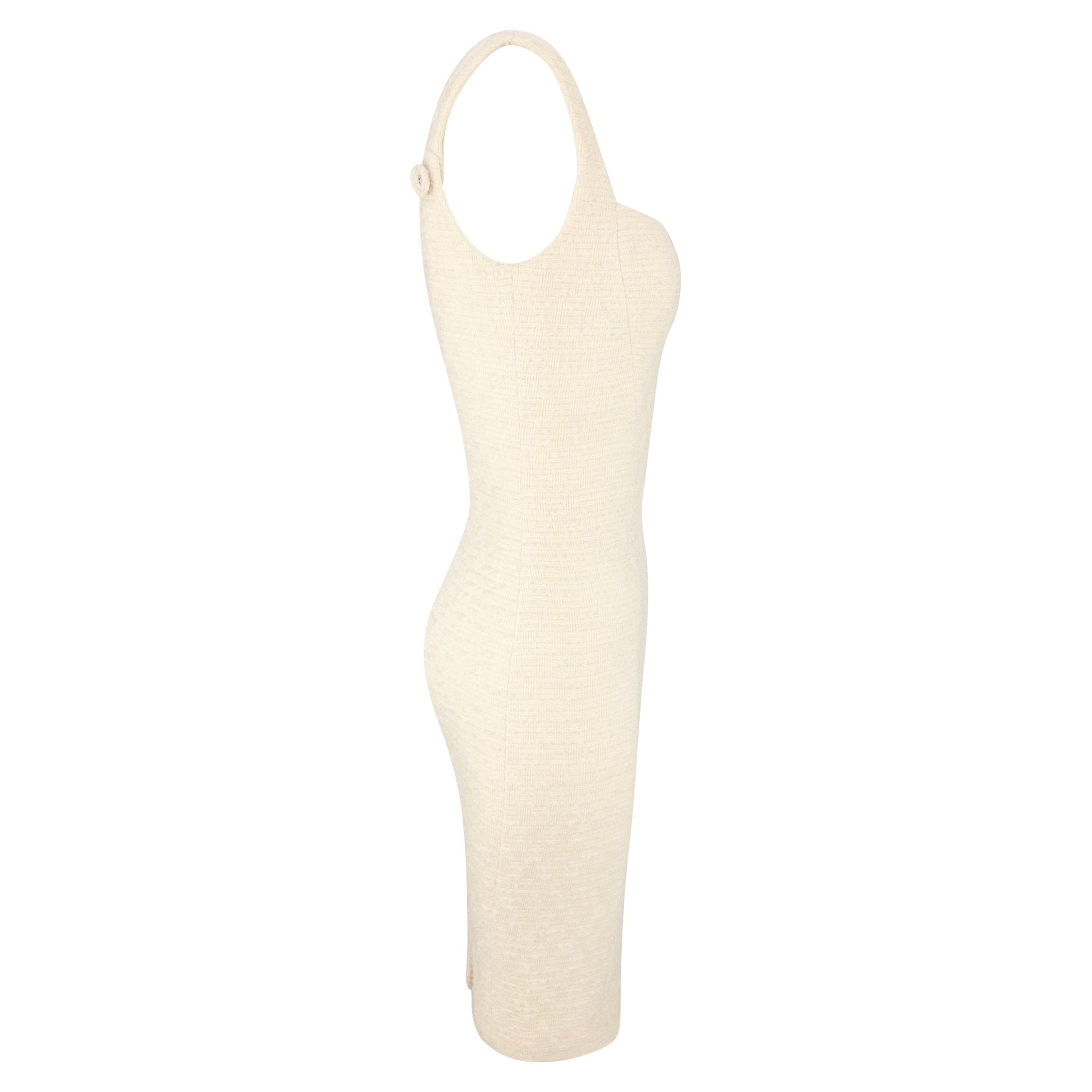 F/W 1995 Gianni Versace Shimmery Off-White Tweed Medusa Button Cocktail Dress - RealList