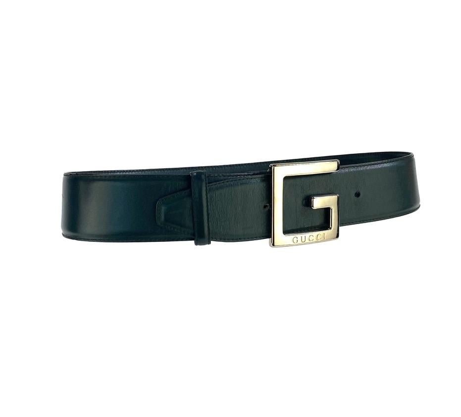 F/W 1995 Gucci by Tom Ford Oversized G Logo Buckle Dark Green Leather Belt - RealList