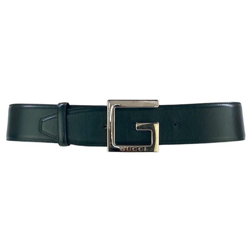 F/W 1995 Gucci by Tom Ford Oversized G Logo Buckle Dark Green Leather Belt - RealList