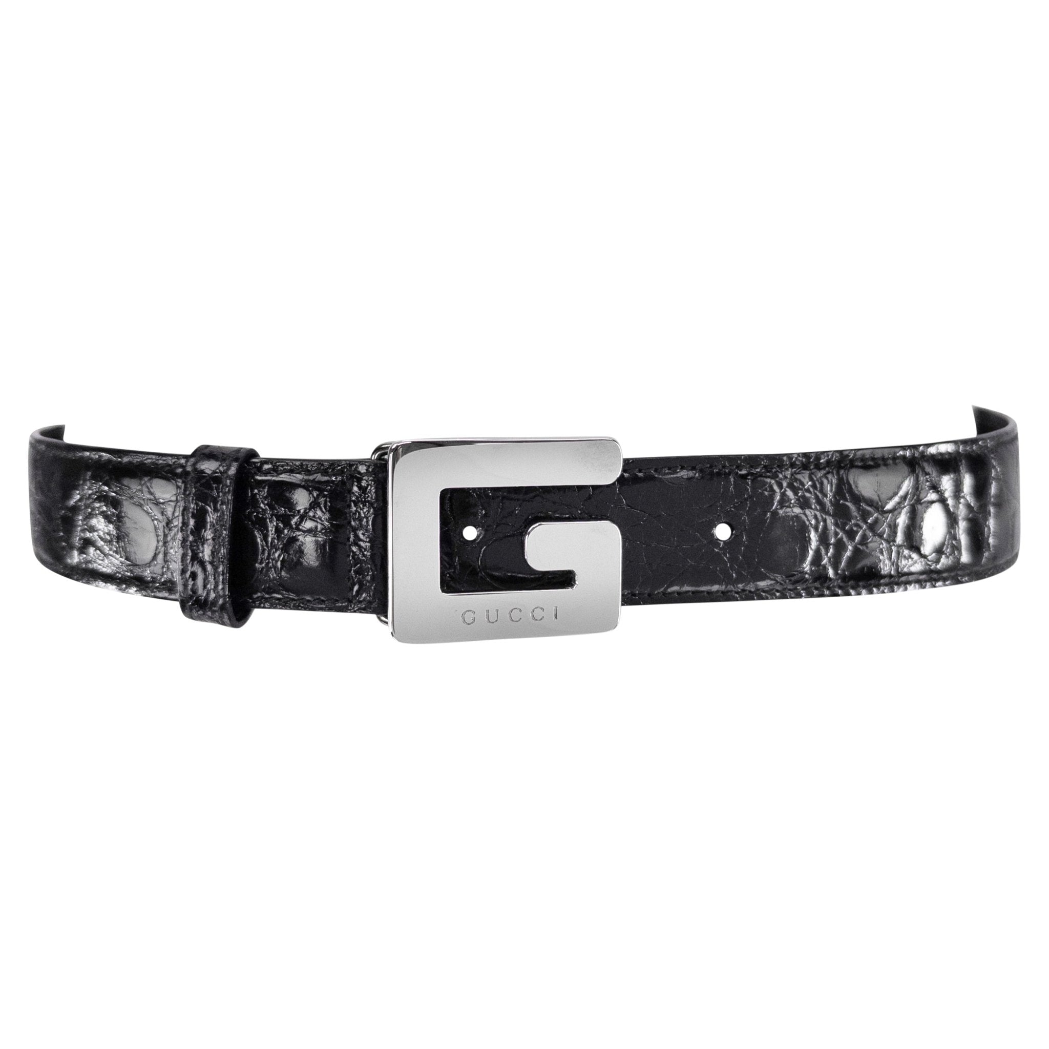 F/W 1995 Gucci by Tom Ford Runway Black Genuine Crocodile Small G Buckle Belt - RealList