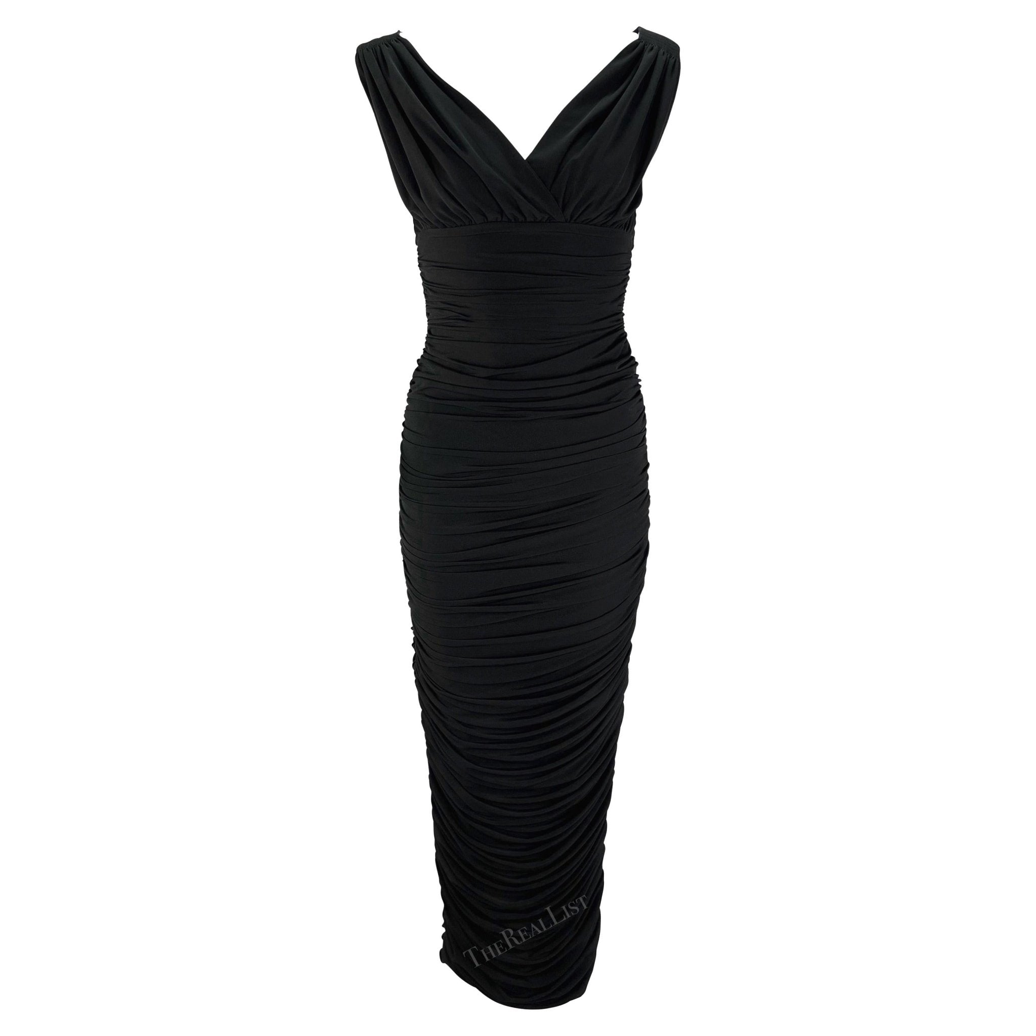 F/W 1995 Norma Kamali Ruched Bodycon Off - The - Shoulder Black Wiggle Gown - RealList