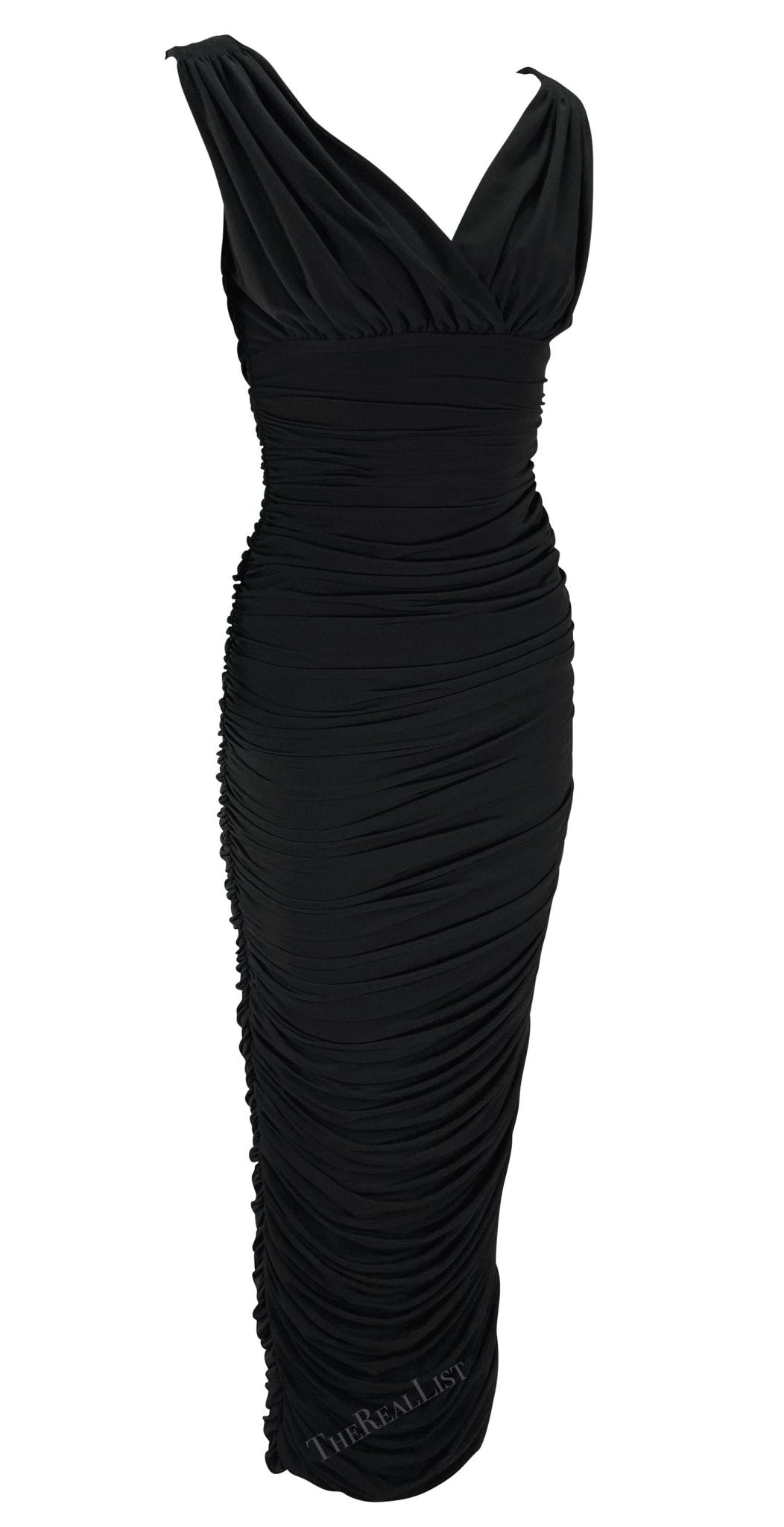 F/W 1995 Norma Kamali Ruched Bodycon Off - The - Shoulder Black Wiggle Gown - RealList
