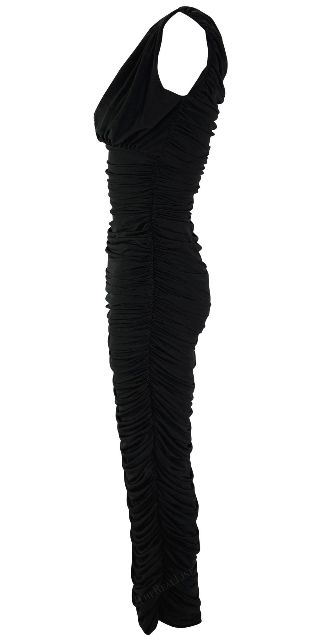 F/W 1995 Norma Kamali Ruched Bodycon Off - The - Shoulder Black Wiggle Gown - RealList