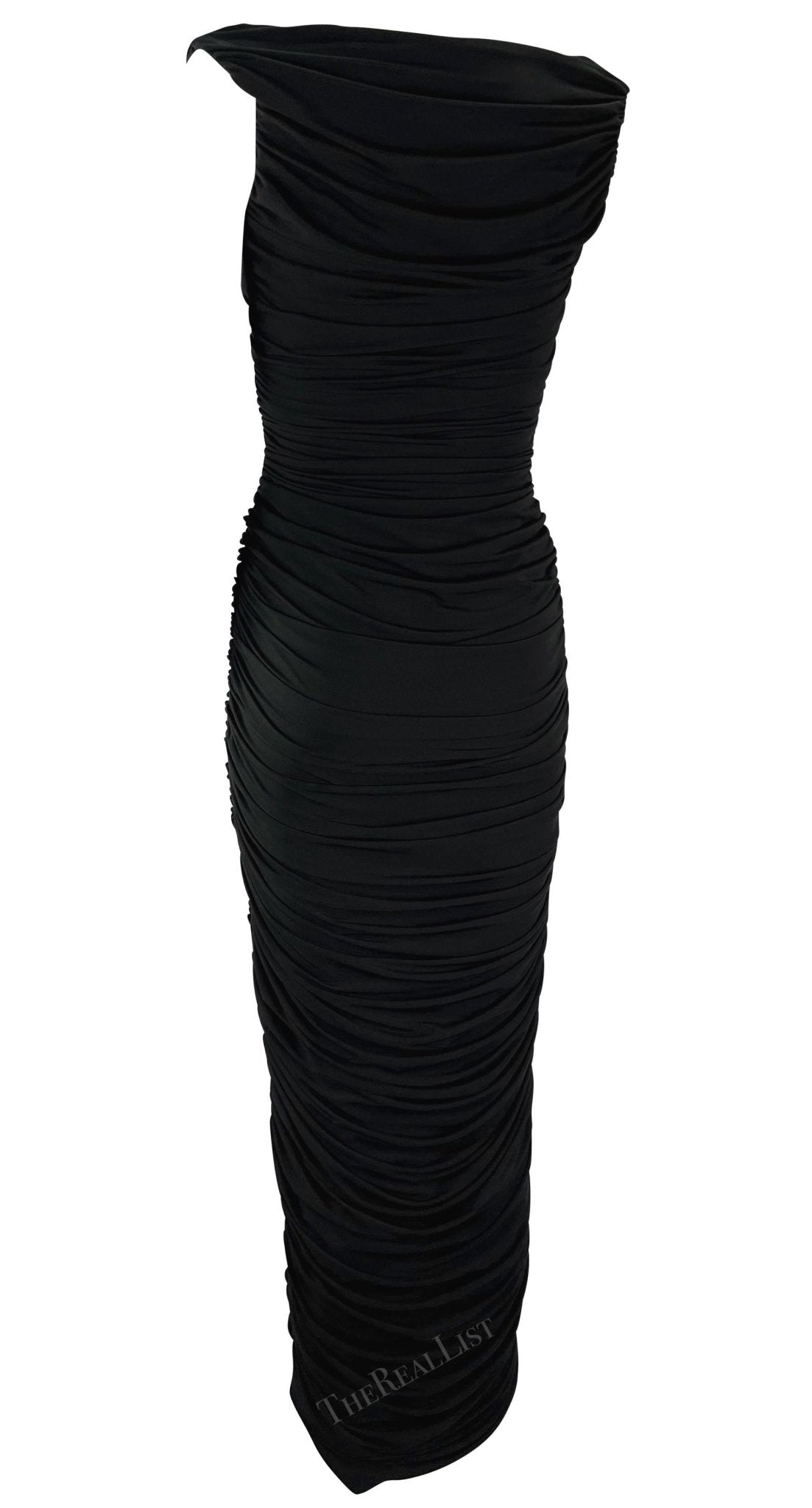 F/W 1995 Norma Kamali Ruched Bodycon Off - The - Shoulder Black Wiggle Gown - RealList