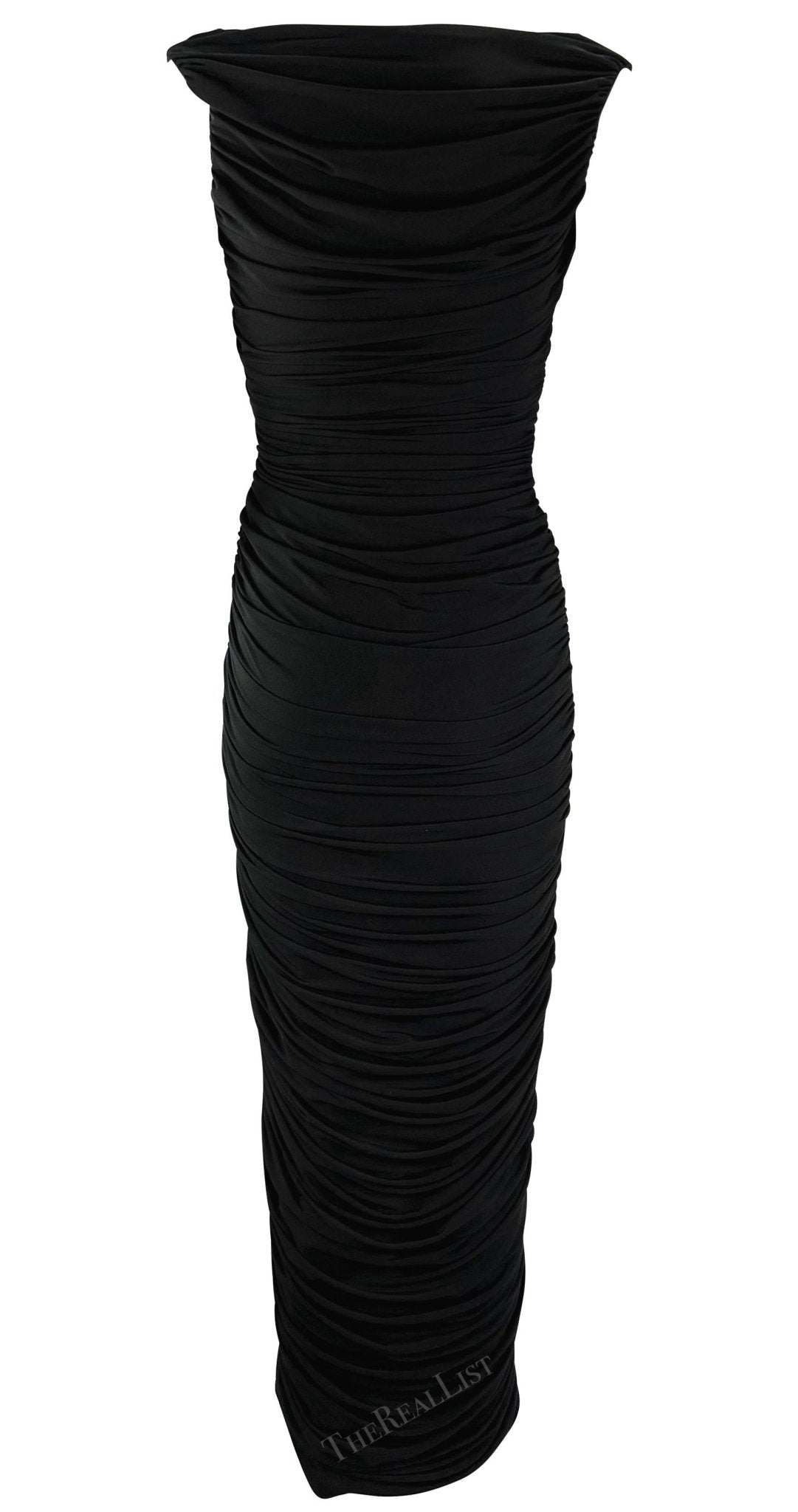 F/W 1995 Norma Kamali Ruched Bodycon Off - The - Shoulder Black Wiggle Gown - RealList
