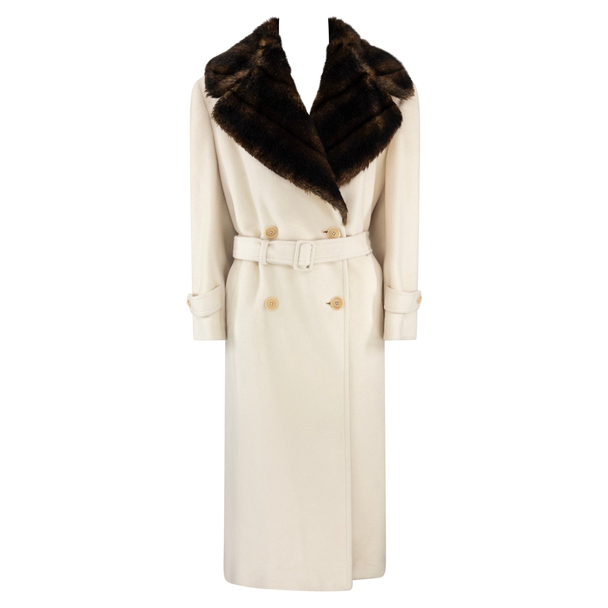 F/W 1995 Ralph Lauren Runway Creme Faux Fur Trim Wool Angora Coat - RealList