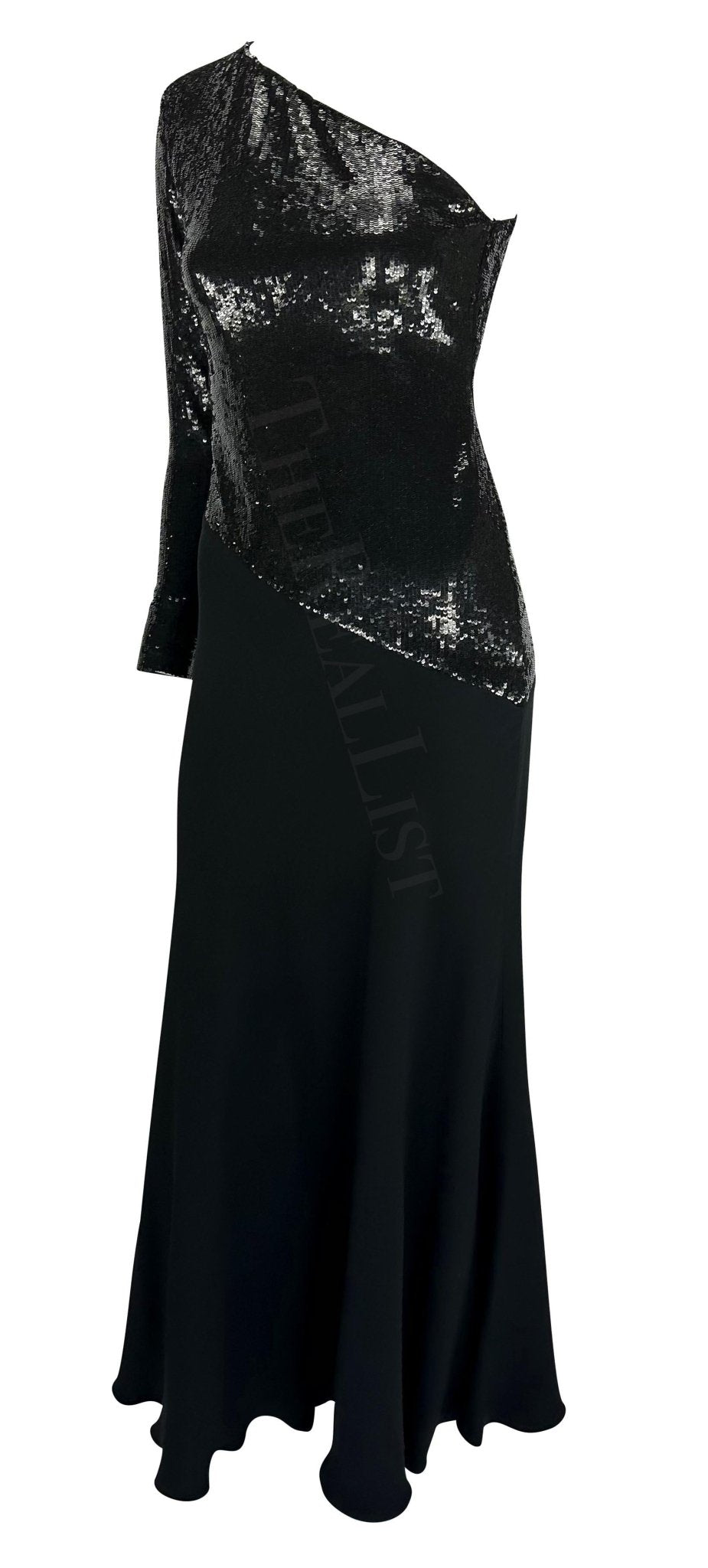 F/W 1995 Ralph Lauren Runway Stretch Sequin Asymmetric Black Flare Evening Gown - RealList