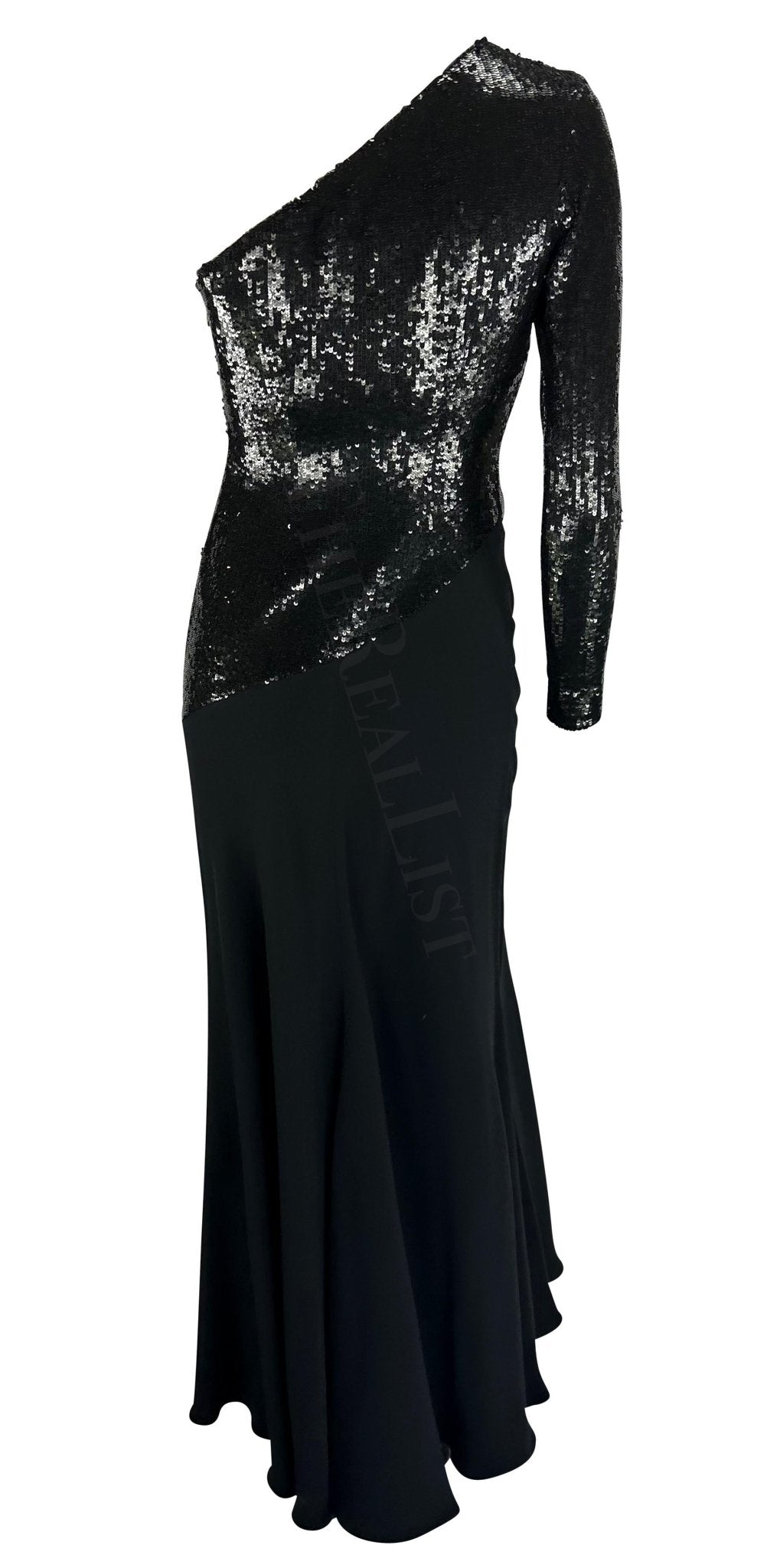 F/W 1995 Ralph Lauren Runway Stretch Sequin Asymmetric Black Flare Evening Gown - RealList