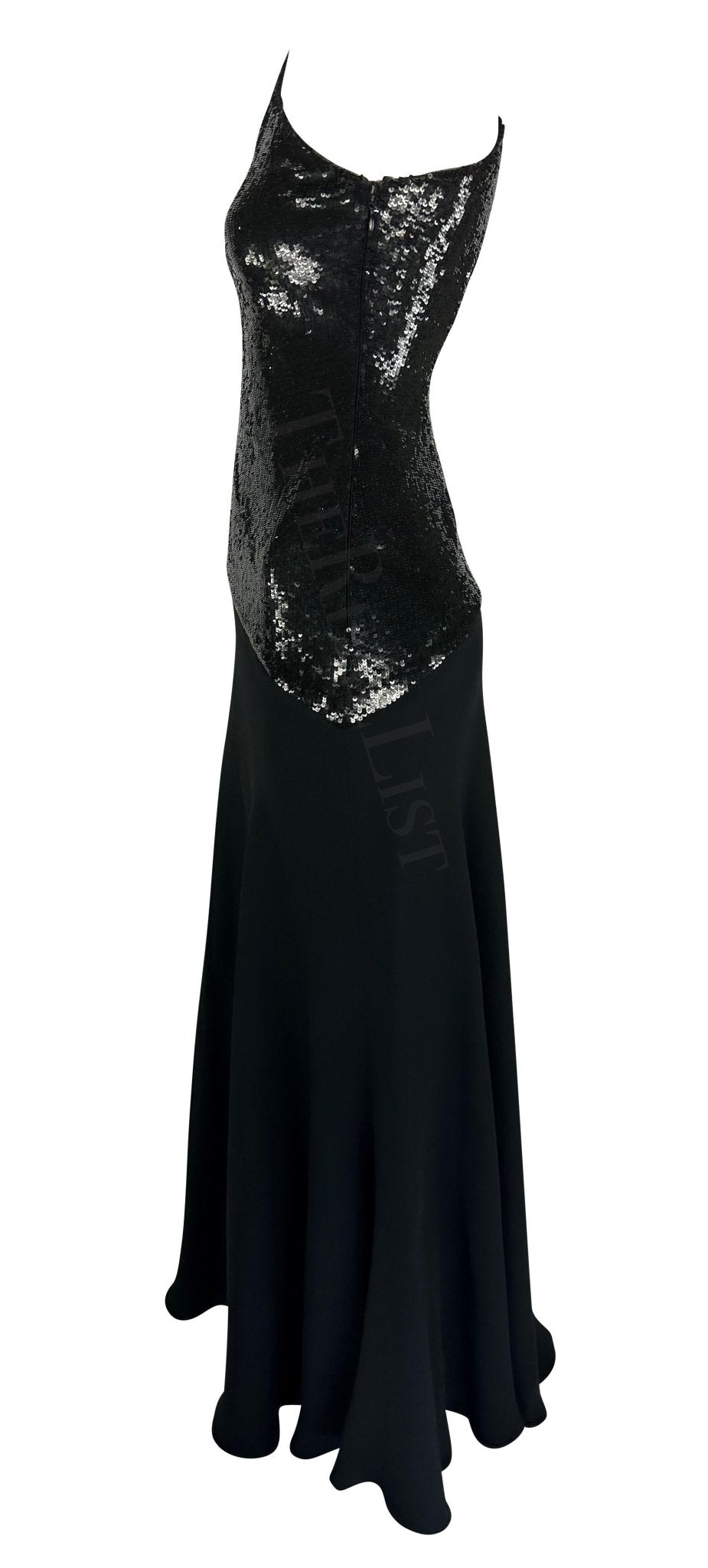 F/W 1995 Ralph Lauren Runway Stretch Sequin Asymmetric Black Flare Evening Gown - RealList