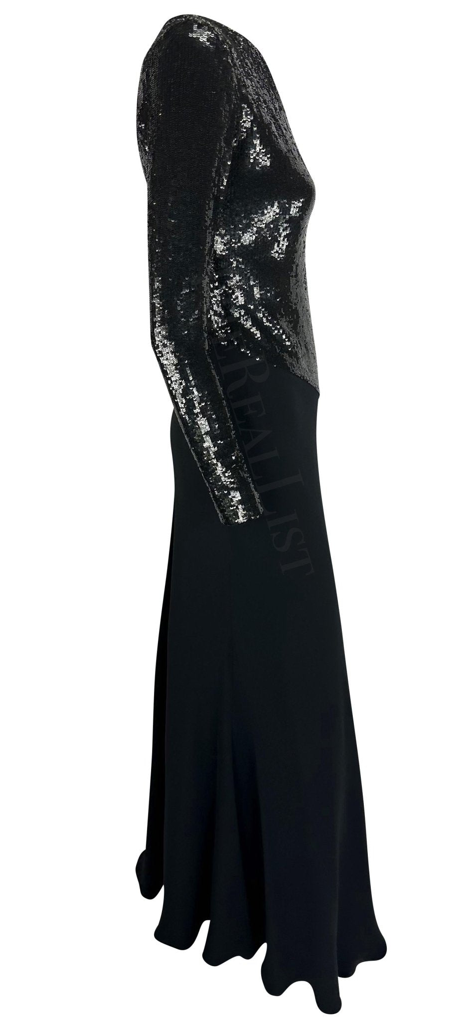 F/W 1995 Ralph Lauren Runway Stretch Sequin Asymmetric Black Flare Evening Gown - RealList
