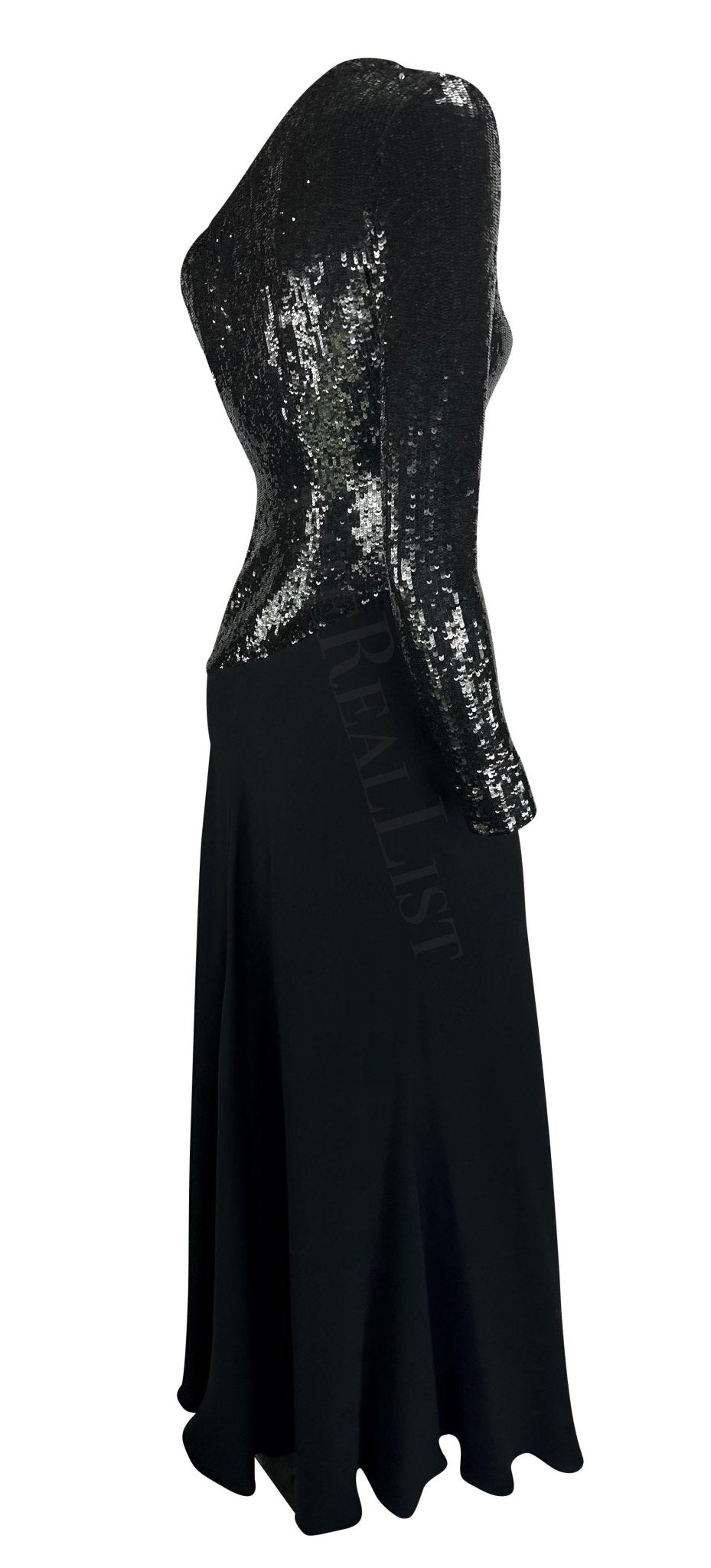 F/W 1995 Ralph Lauren Runway Stretch Sequin Asymmetric Black Flare Evening Gown - RealList