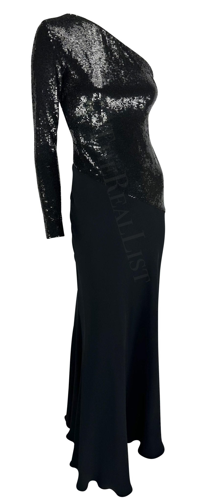 F/W 1995 Ralph Lauren Runway Stretch Sequin Asymmetric Black Flare Evening Gown - RealList