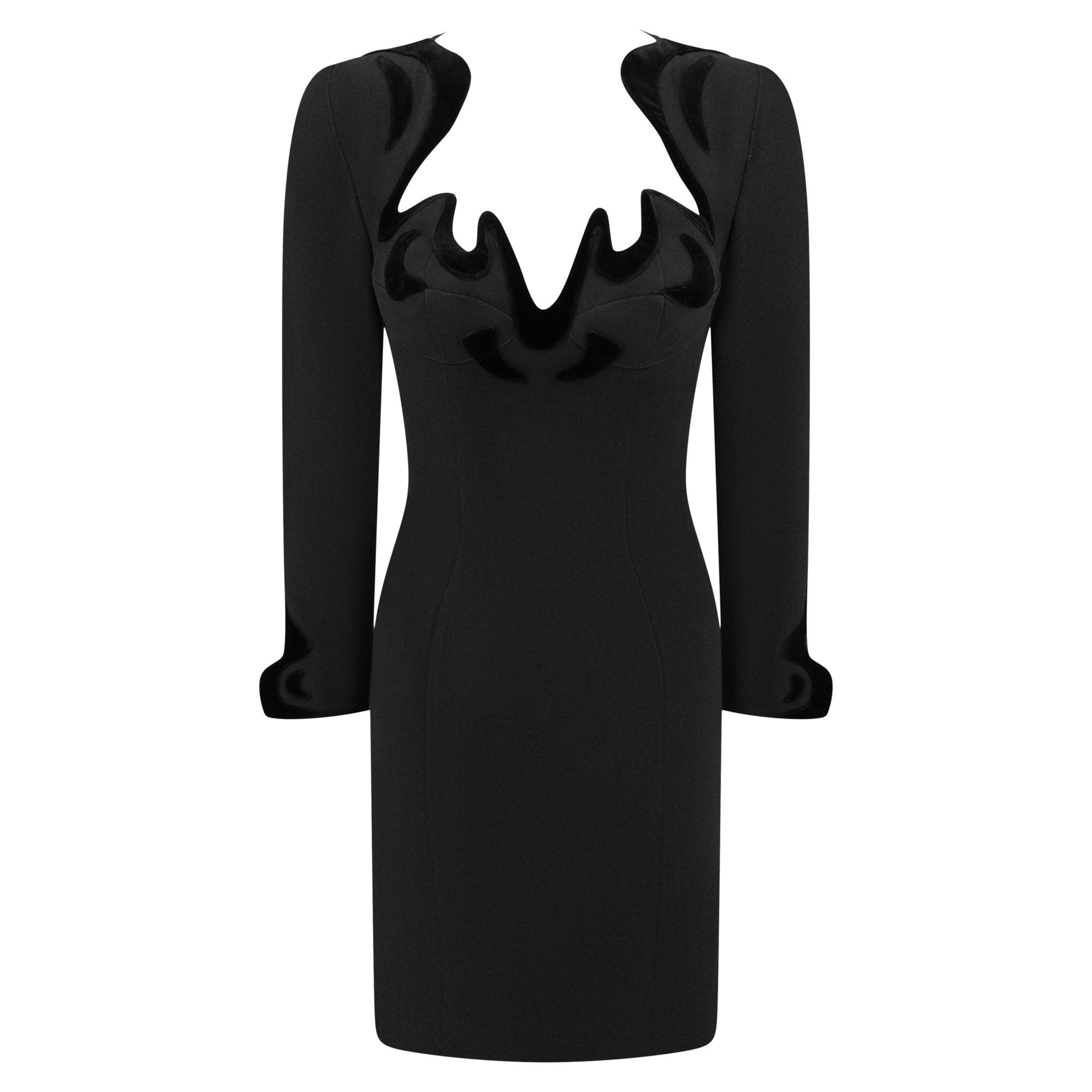 F/W 1995 Thierry Mugler Sculpted Anatomical Long Sleeve Black Dress - RealList