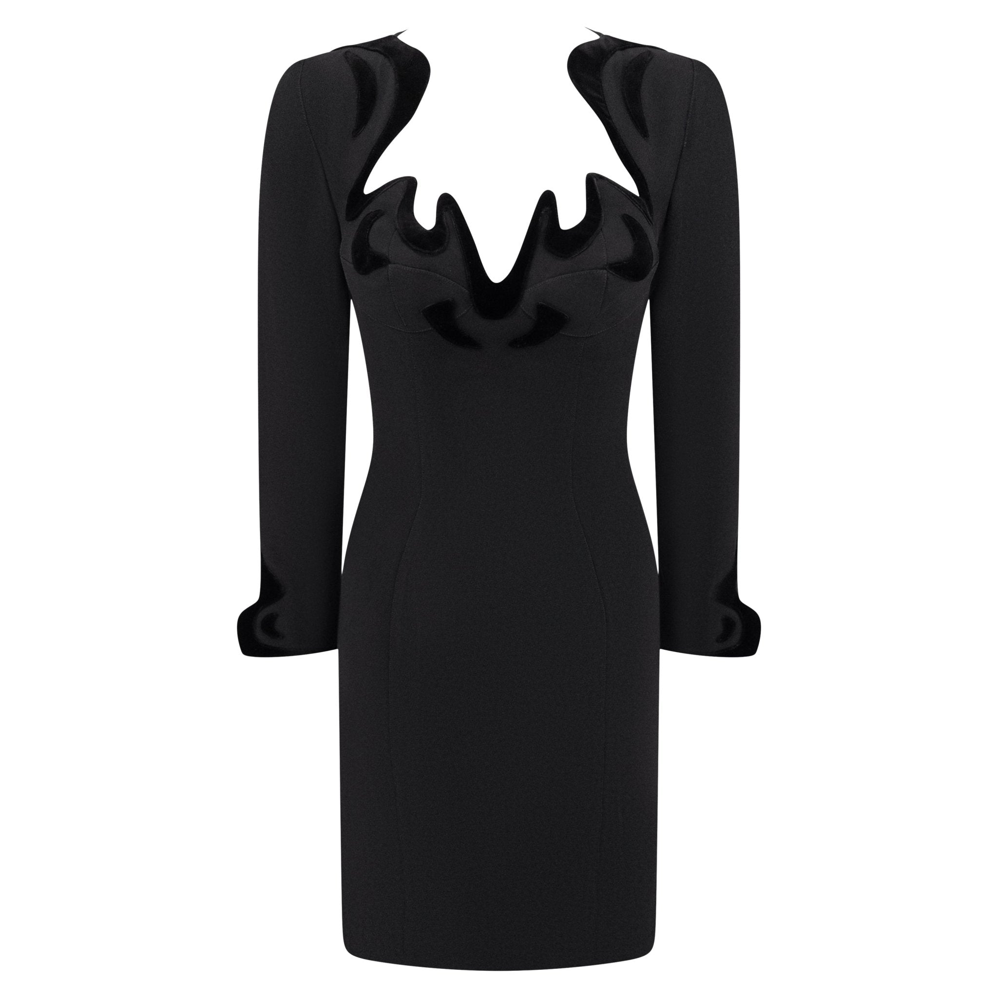 F/W 1995 Thierry Mugler Sculpted Anatomical Long Sleeve Black Dress - RealList