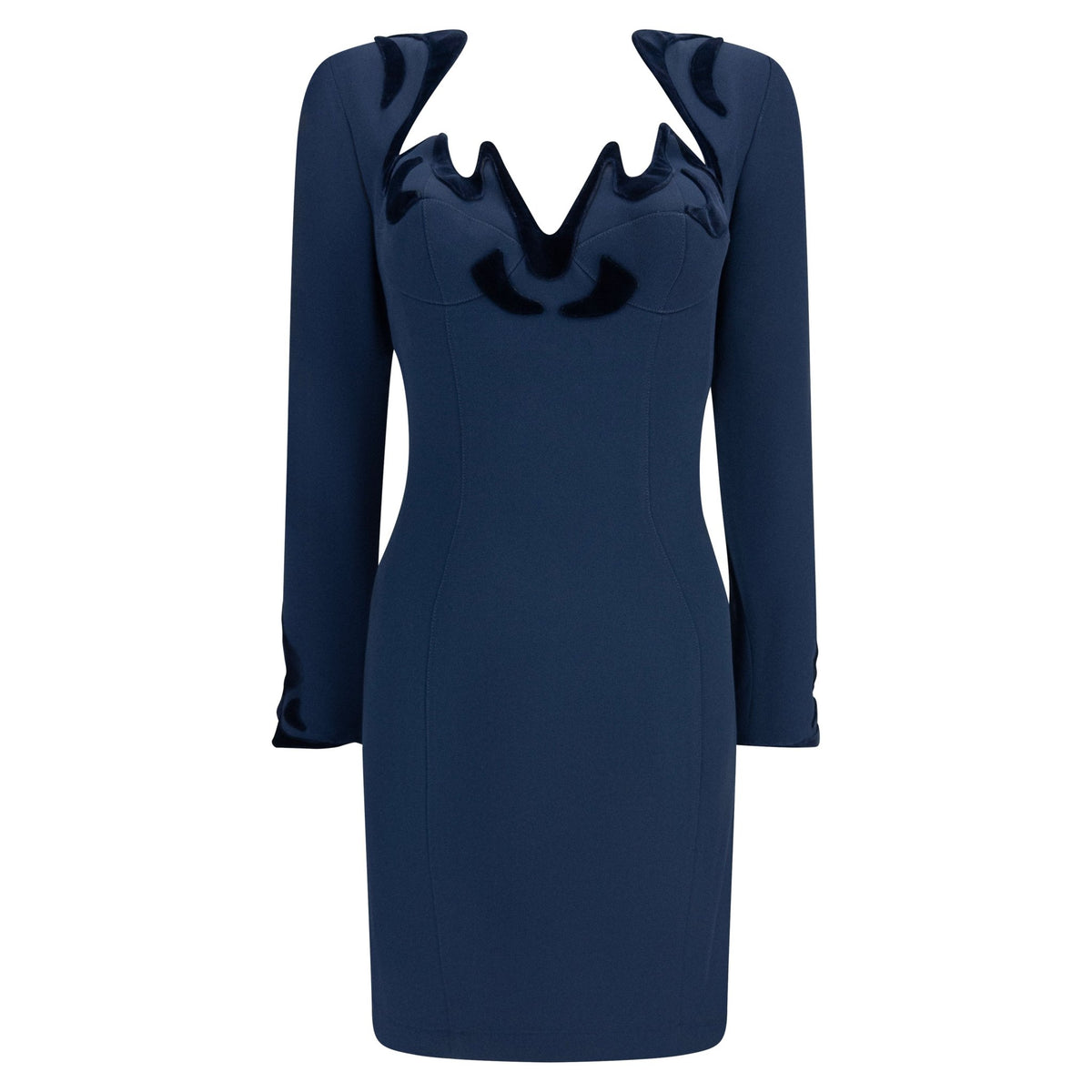 F/W 1995 Thierry Mugler Sculpted Contour Long Sleeve Navy Dress - RealList