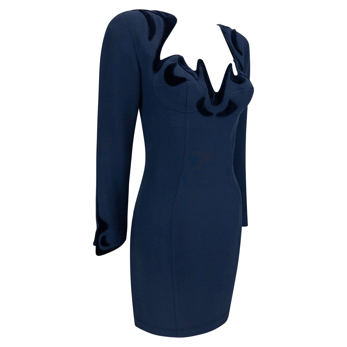F/W 1995 Thierry Mugler Sculpted Contour Long Sleeve Navy Dress - RealList