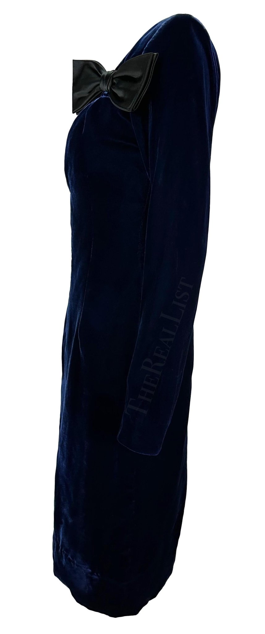 F/W 1995 Yves Saint Laurent Runway Deep Blue Velvet Plunging Bow Mini Dress - RealList