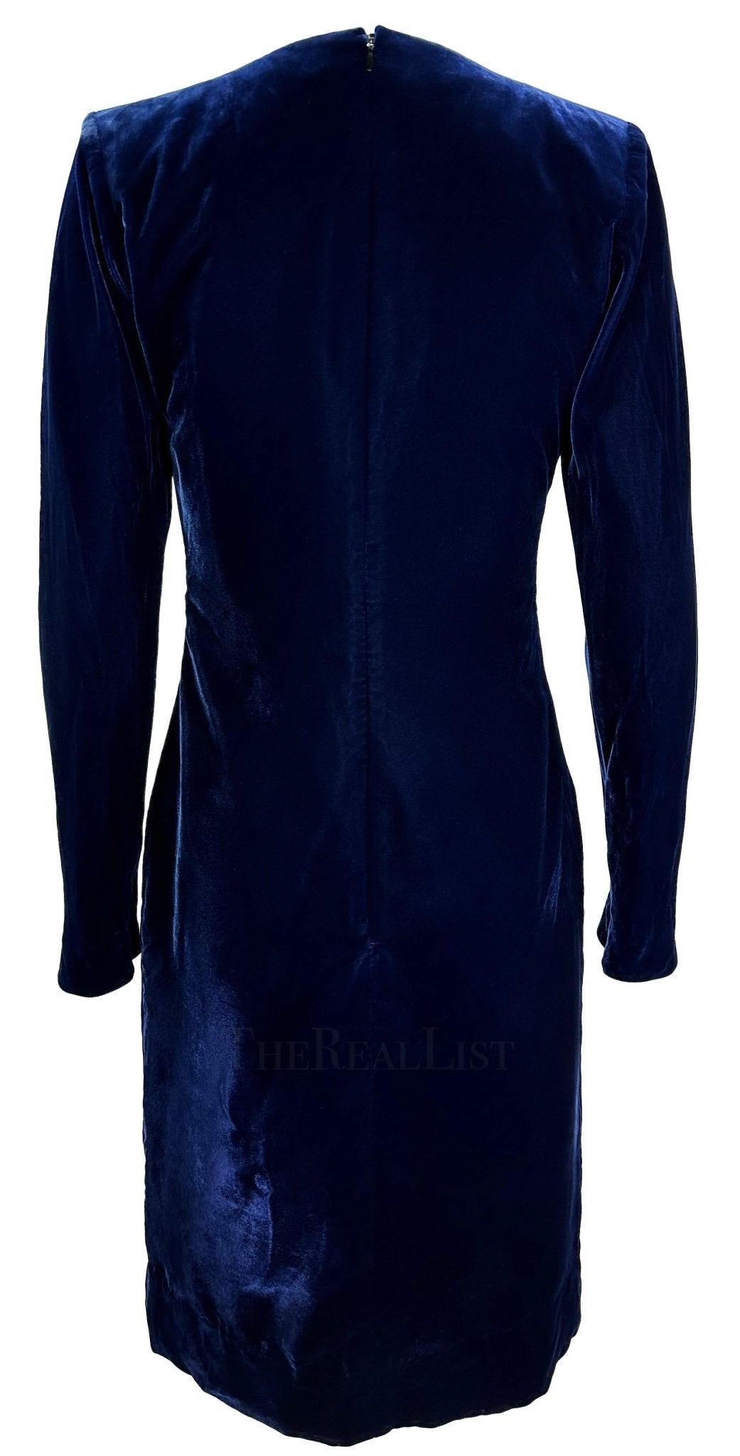 F/W 1995 Yves Saint Laurent Runway Deep Blue Velvet Plunging Bow Mini Dress - RealList