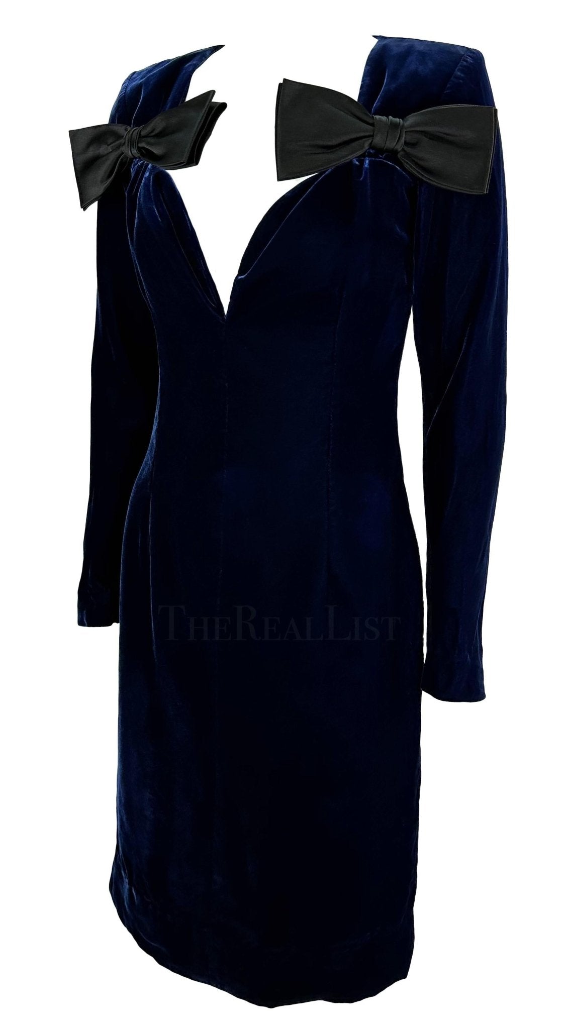 F/W 1995 Yves Saint Laurent Runway Deep Blue Velvet Plunging Bow Mini Dress - RealList
