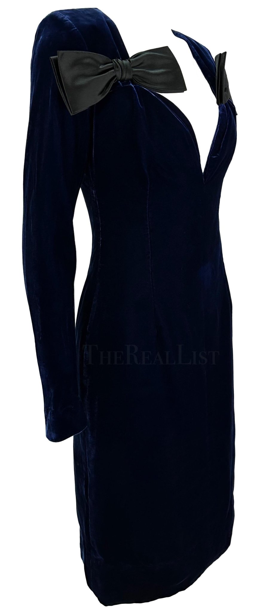 F/W 1995 Yves Saint Laurent Runway Deep Blue Velvet Plunging Bow Mini Dress - RealList
