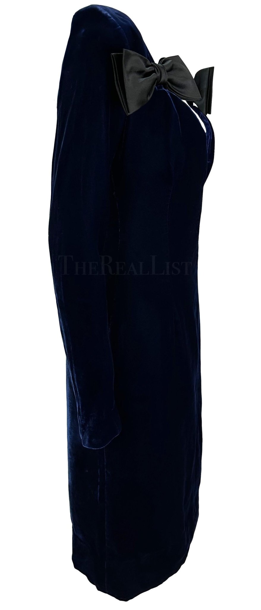 F/W 1995 Yves Saint Laurent Runway Deep Blue Velvet Plunging Bow Mini Dress - RealList
