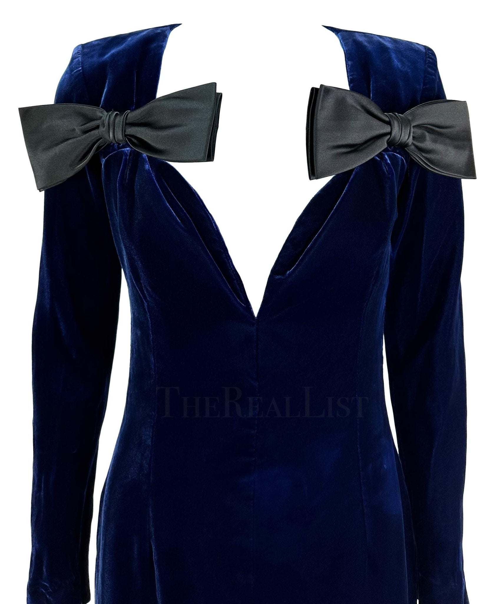 F/W 1995 Yves Saint Laurent Runway Deep Blue Velvet Plunging Bow Mini Dress - RealList