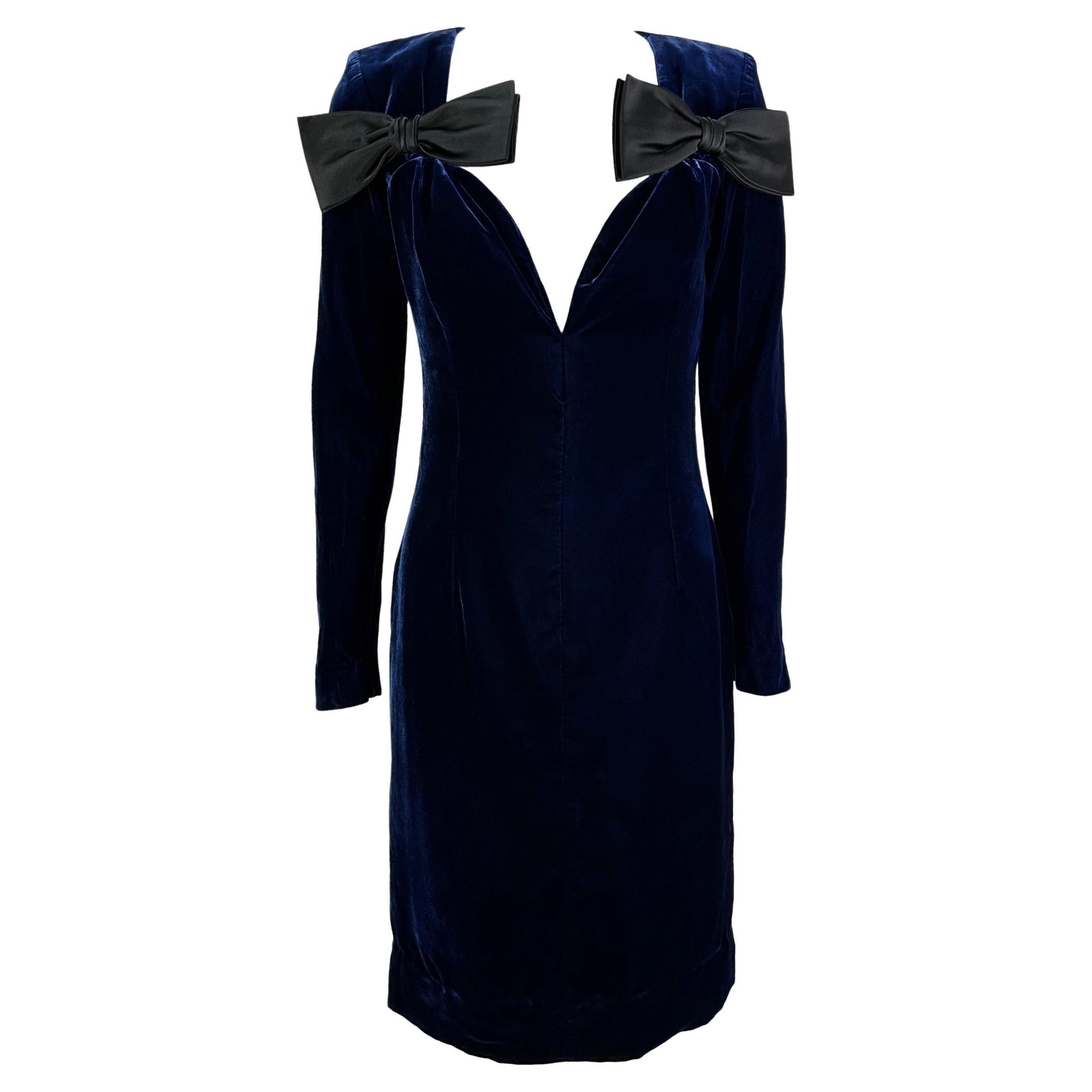 F/W 1995 Yves Saint Laurent Runway Deep Blue Velvet Plunging Bow Mini Dress - RealList