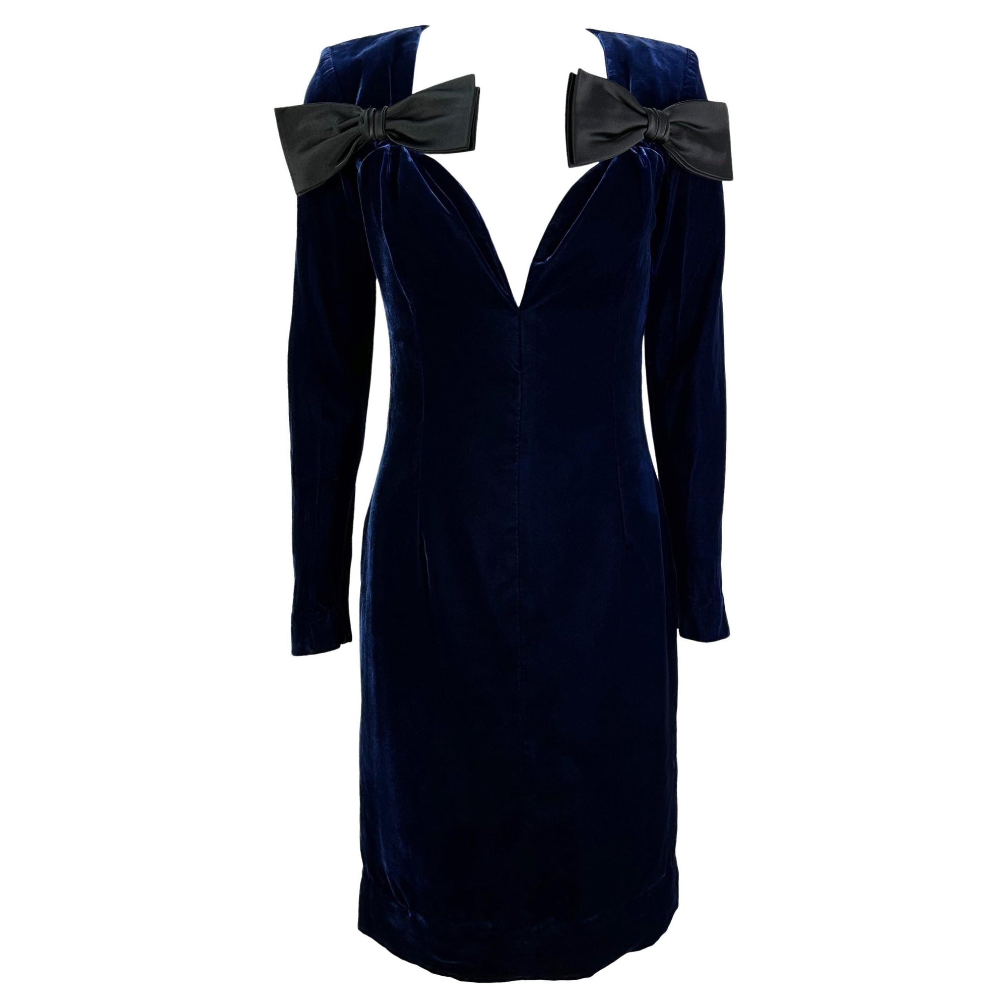 F/W 1995 Yves Saint Laurent Runway Deep Blue Velvet Plunging Bow Mini Dress - RealList