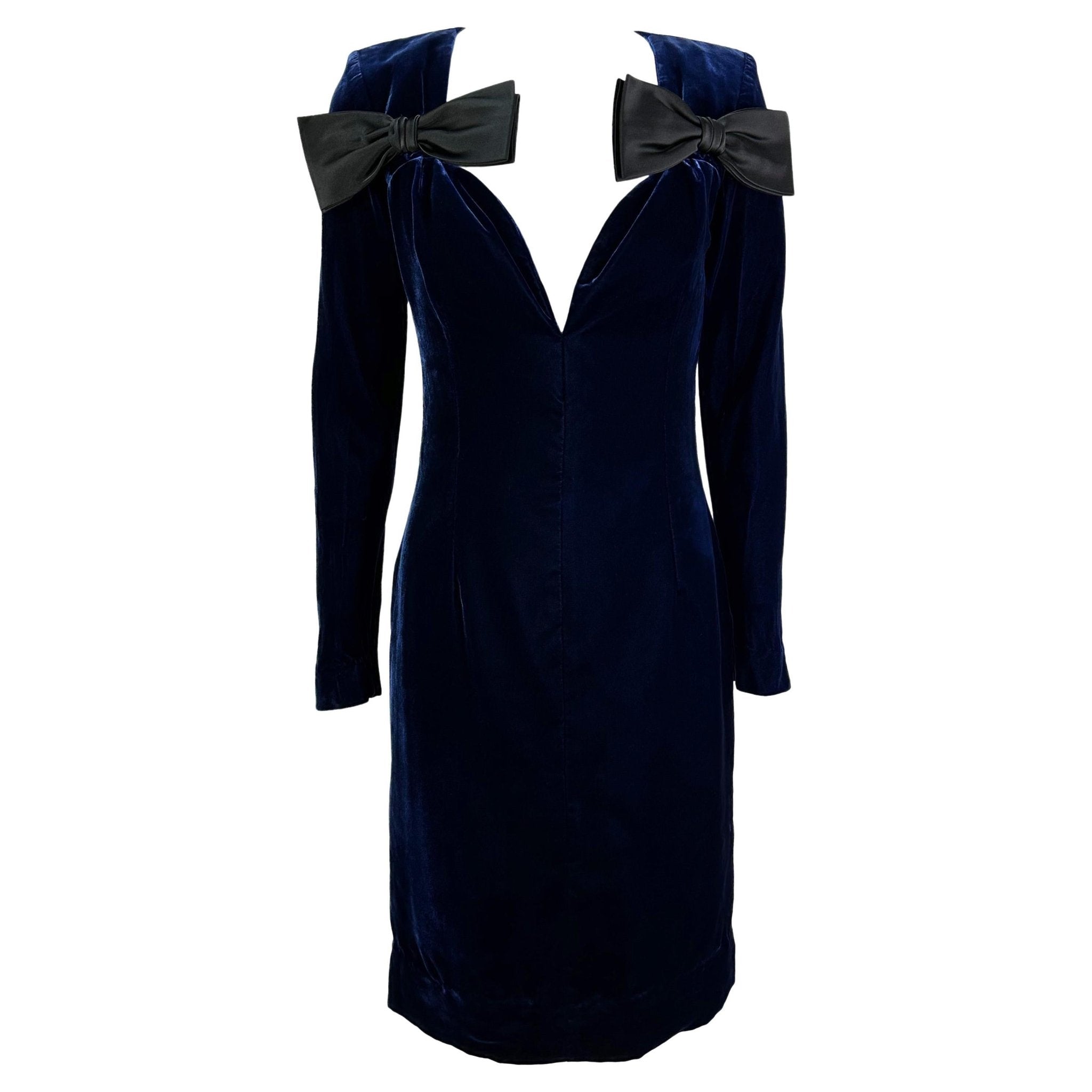 F/W 1995 Yves Saint Laurent Runway Deep Blue Velvet Plunging Bow Mini Dress - RealList