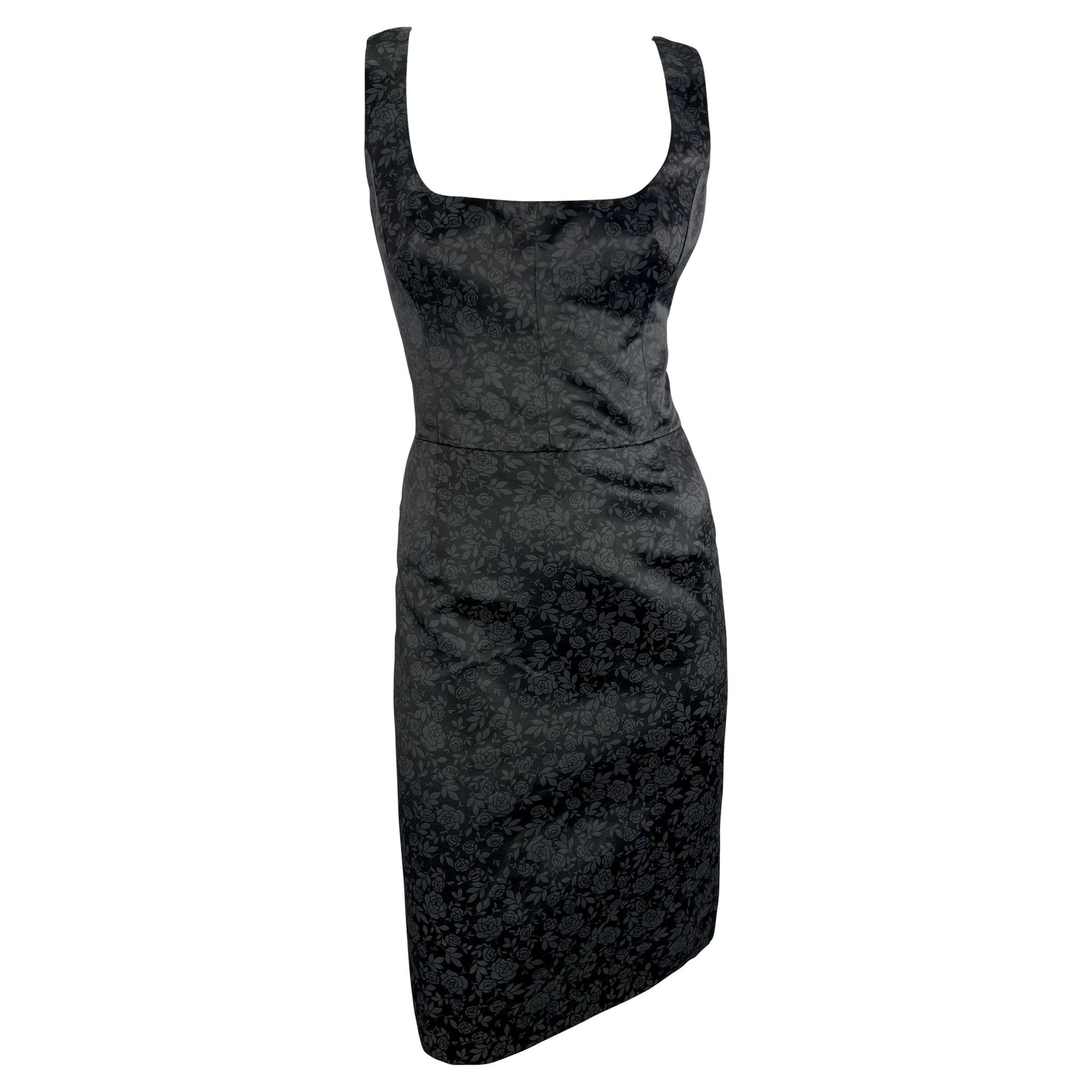 F/W 1996 Dolce & Gabbana Black Satin Charcoal Rose Print Sleeveless Mini Dress - RealList
