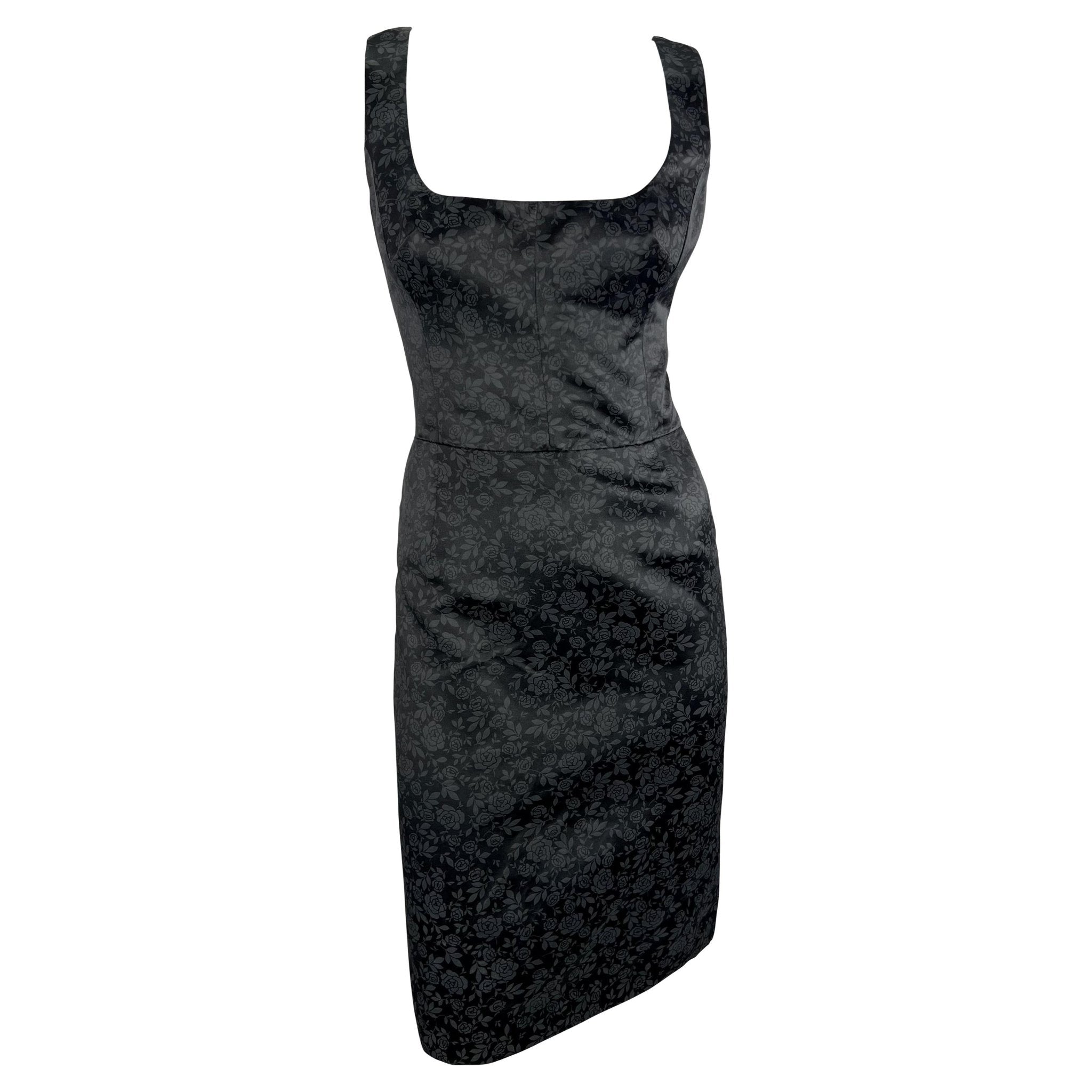 F/W 1996 Dolce & Gabbana Black Satin Charcoal Rose Print Sleeveless Mini Dress - RealList