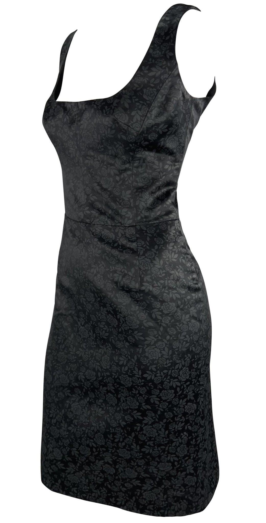 F/W 1996 Dolce & Gabbana Black Satin Charcoal Rose Print Sleeveless Mini Dress - RealList
