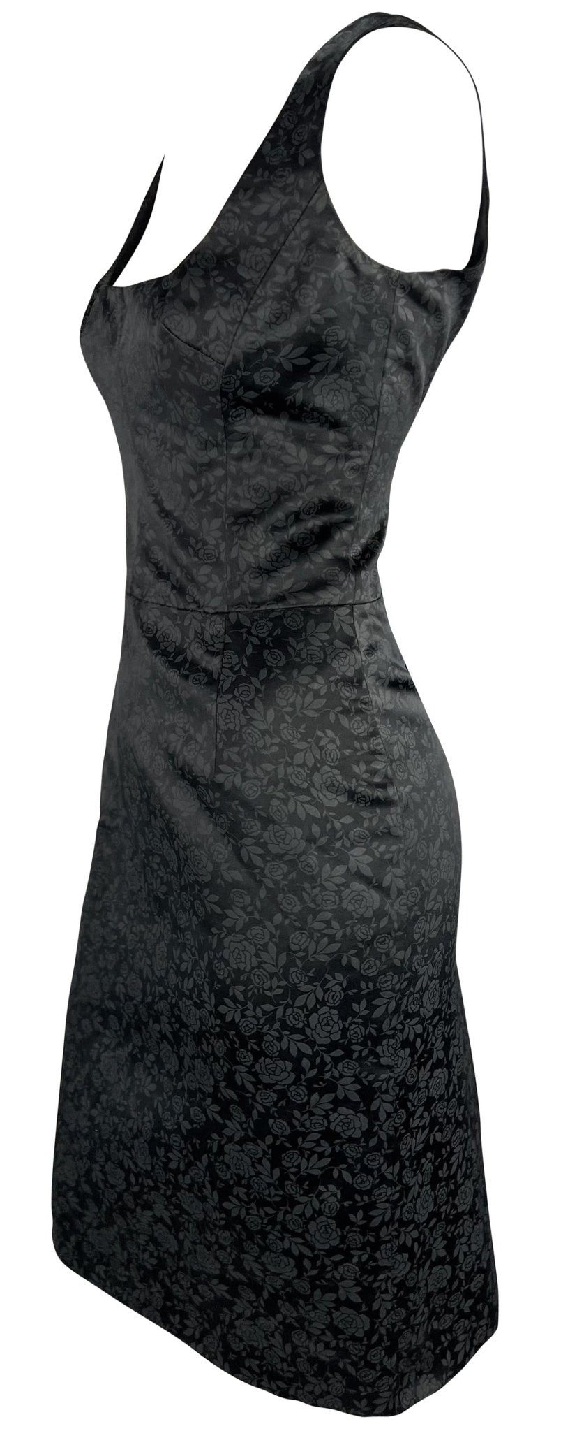 F/W 1996 Dolce & Gabbana Black Satin Charcoal Rose Print Sleeveless Mini Dress - RealList